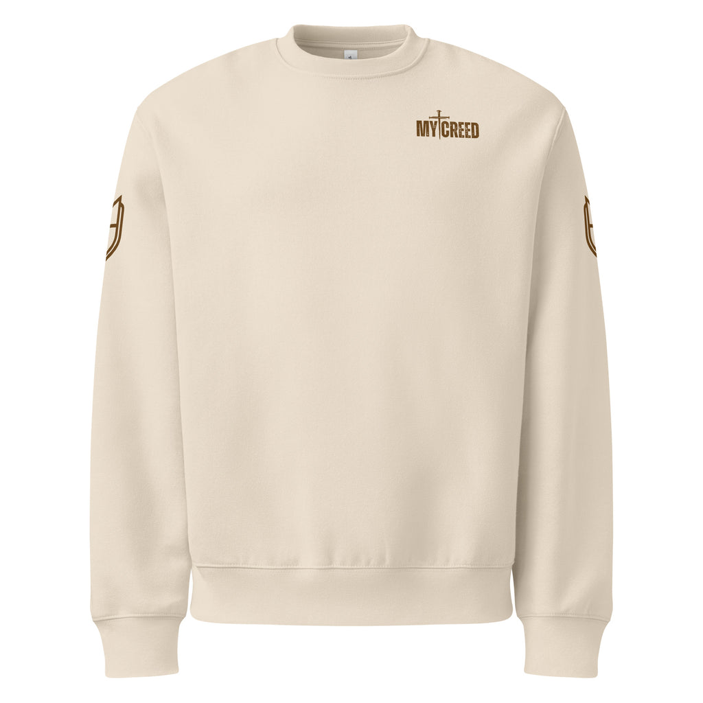 Natural color Bella+Canvas 4711 oversized sweatshirt featuring the My Creed logo on front, by MyCreed™