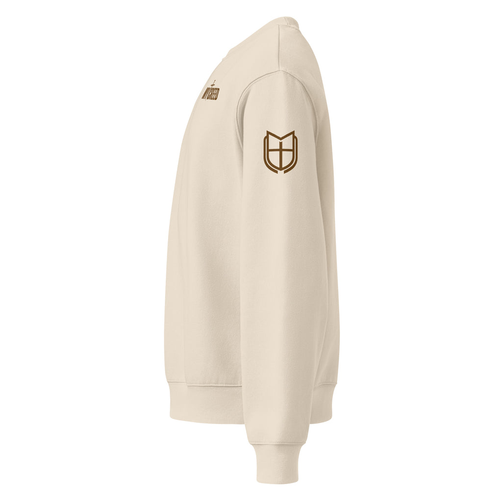 Left side view of dust Bella+Canvas 4711 oversized sweatshirt showing relaxed silhouette and sleeve detail, by MyCreed™