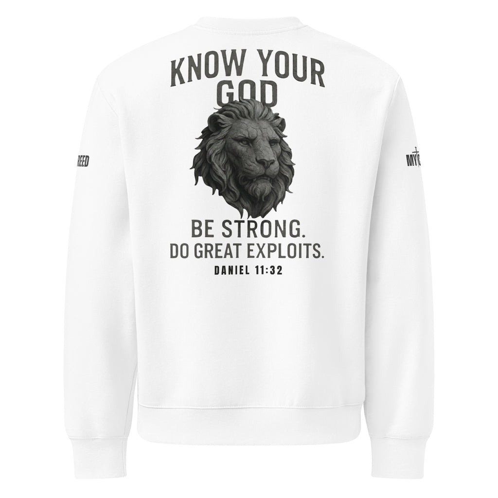 White Know Your God sweatshirt front view with lion graphic and scripture by MyCreed™