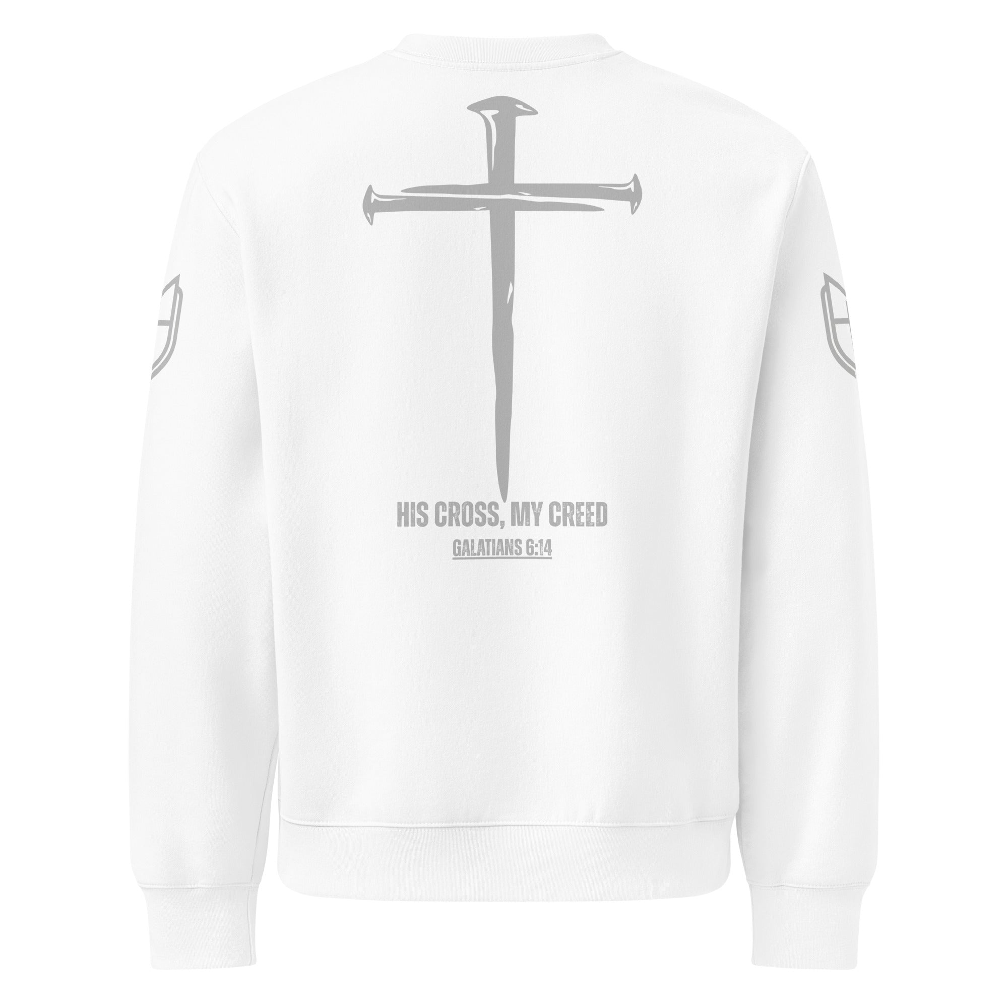 White Bella+Canvas sweatshirt back view featuring vertical cross graphic and “His Cross, My Creed” faith design centered on the back, by MyCreed™