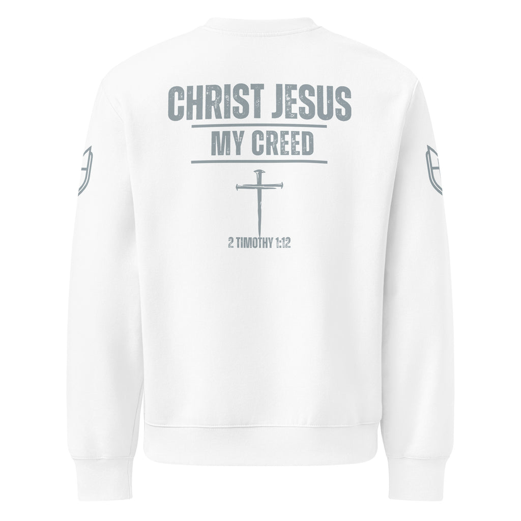 White Bella+Canvas 4711 oversized sweatshirt featuring Christ Jesus | My Creed design and cross detail on back, by MyCreed™