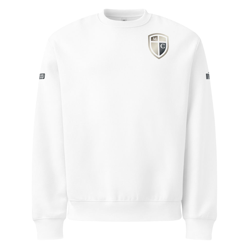 White crewneck sweatshirt front view featuring the Defender of Christ proclamation design across the upper back with shield emblem on the left chest, clean DTG print on a premium unisex fleece, by MyCreed™