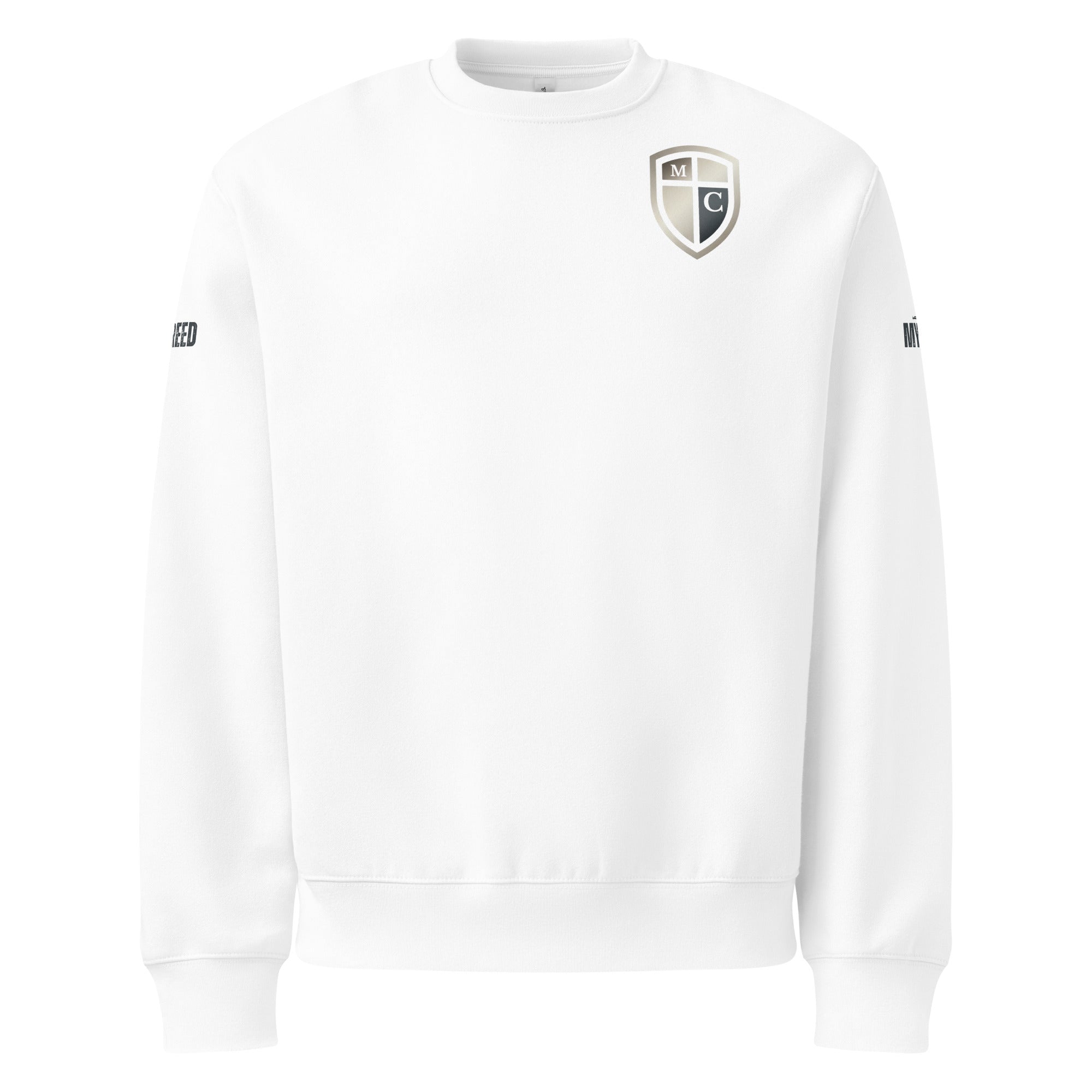 White crewneck sweatshirt front view featuring the Defender of Christ proclamation design across the upper back with shield emblem on the left chest, clean DTG print on a premium unisex fleece, by MyCreed™