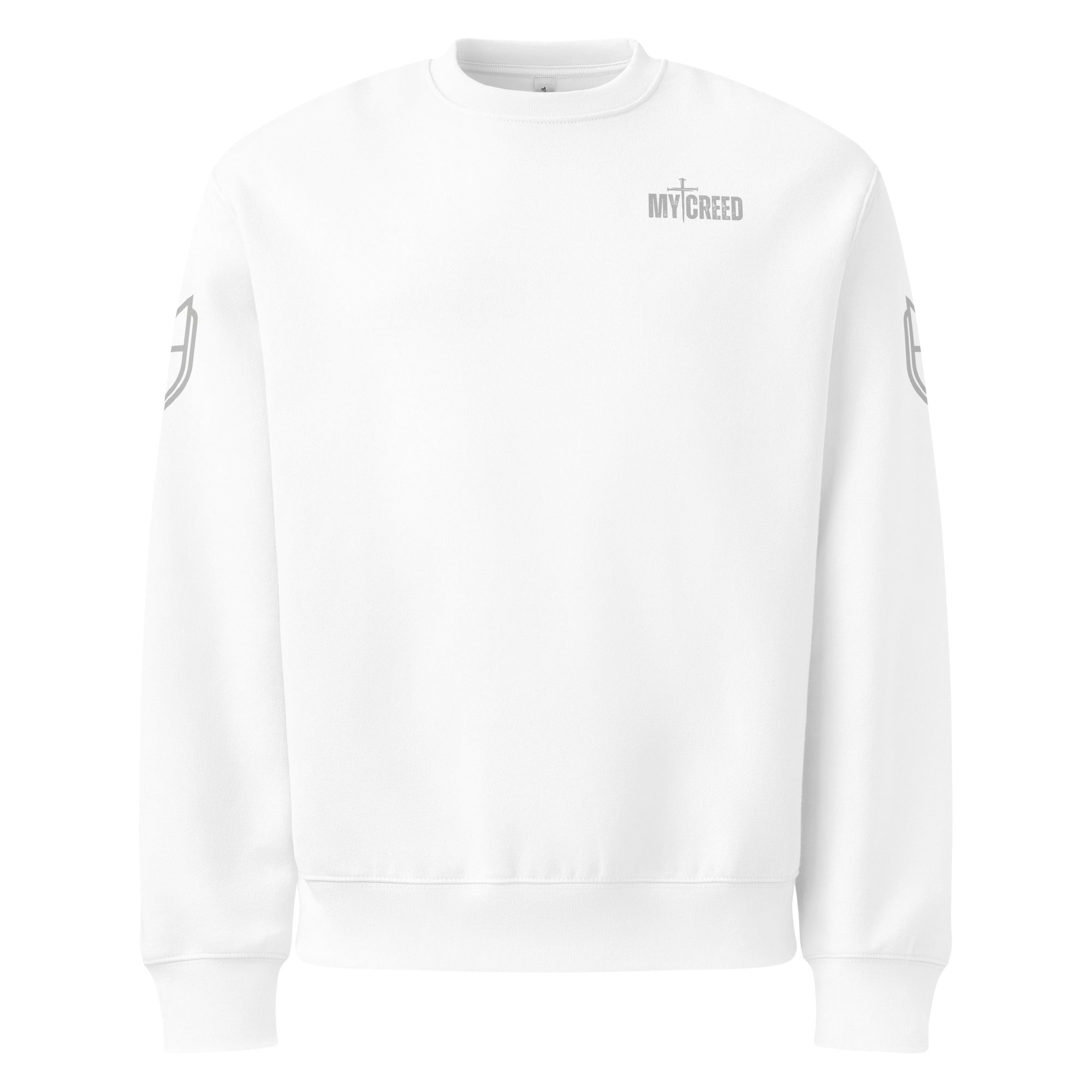 White Bella+Canvas sweatshirt front view showing clean minimalist front with subtle MyCreed chest branding, by MyCreed™