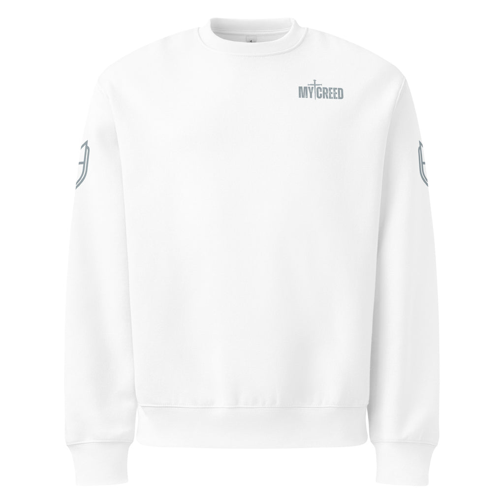 White Bella+Canvas 4711 oversized sweatshirt featuring the My Creed logo on front, by MyCreed™