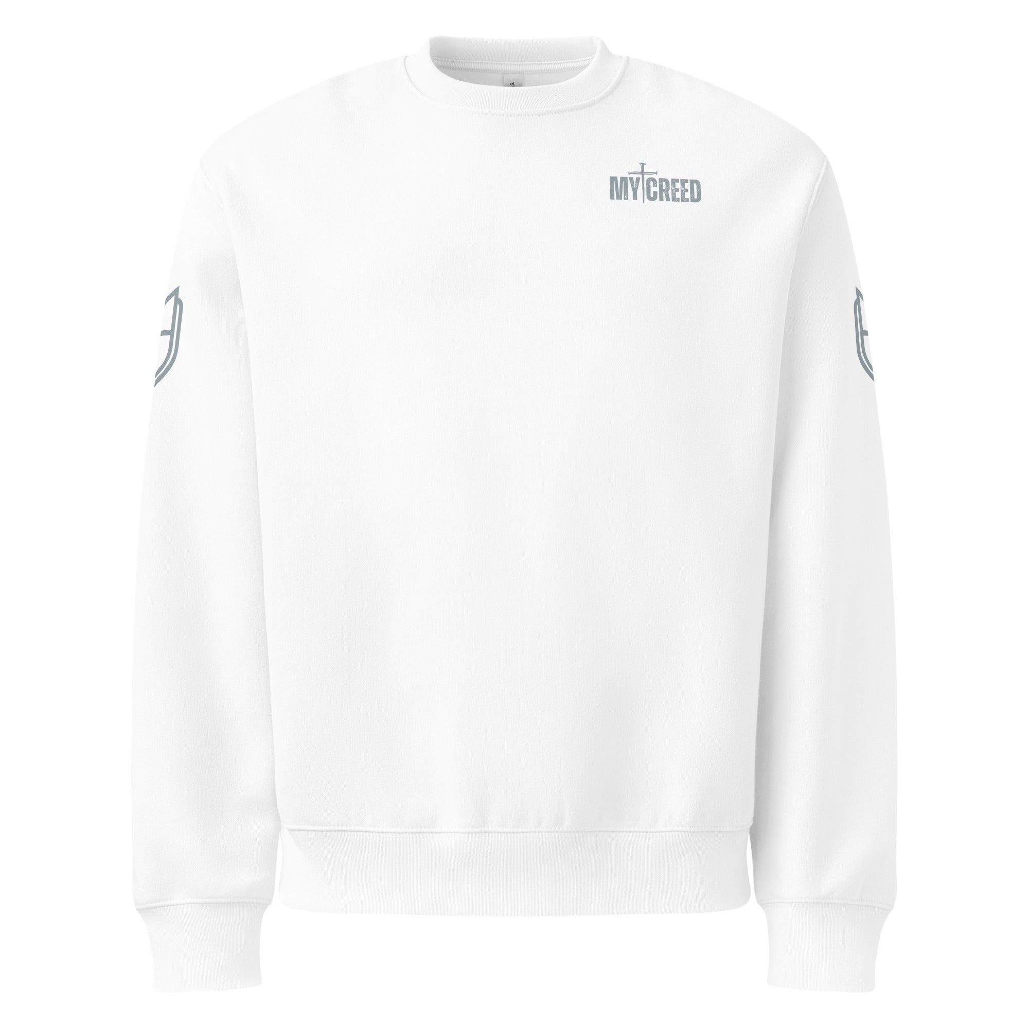 White Bella+Canvas 4711 oversized sweatshirt featuring the My Creed logo on front, by MyCreed™