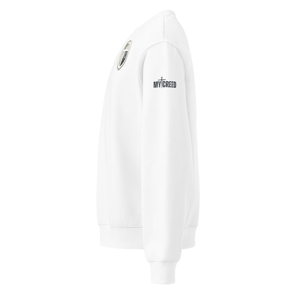 White crewneck sweatshirt left side view showing relaxed unisex fit and subtle left-chest shield emblem placement, by MyCreed™