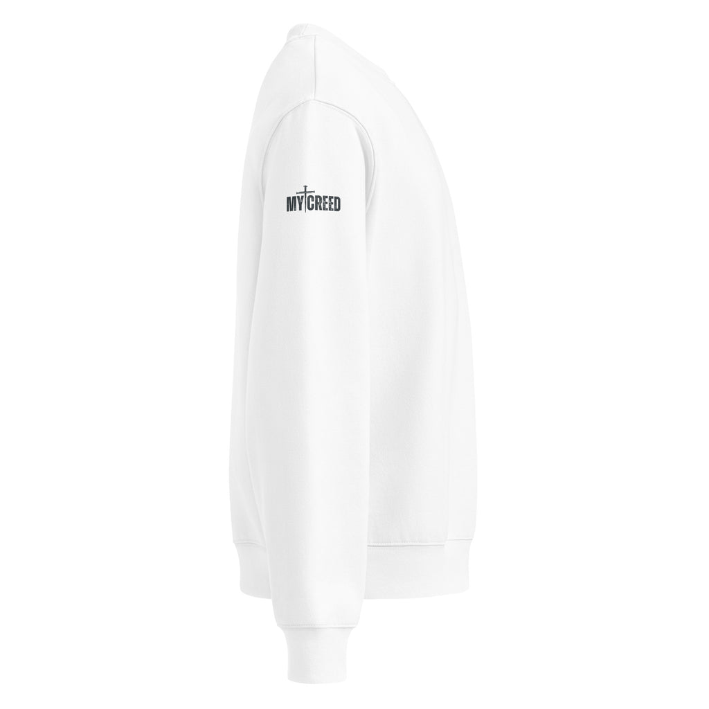 White crewneck sweatshirt right side view highlighting clean sleeve lines and premium fleece construction with minimalist branding, by MyCreed™