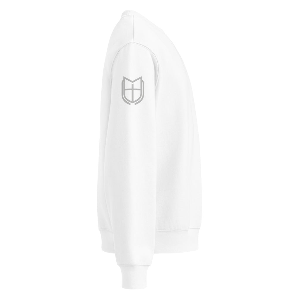 White Bella+Canvas sweatshirt angled side view highlighting hood shape and premium fabric drape, by MyCreed™