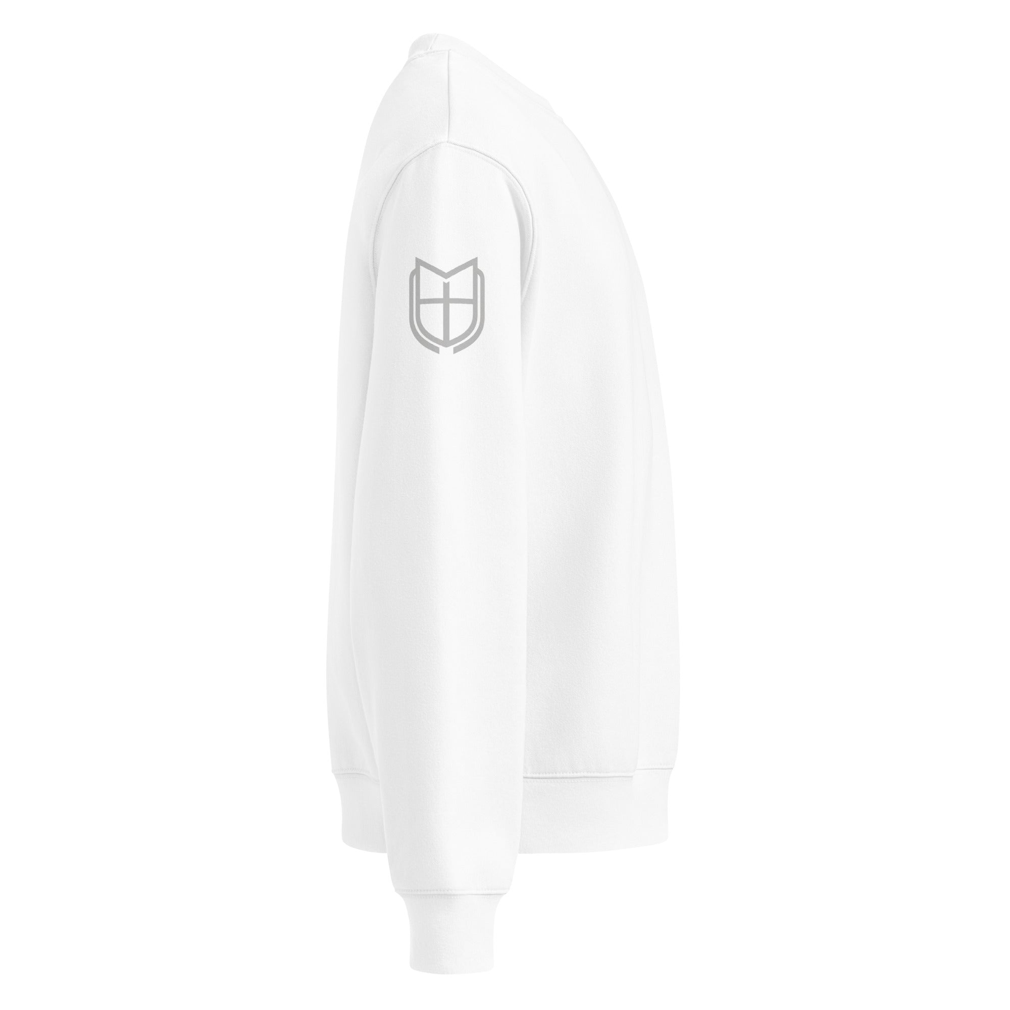 White Bella+Canvas sweatshirt angled side view highlighting hood shape and premium fabric drape, by MyCreed™
