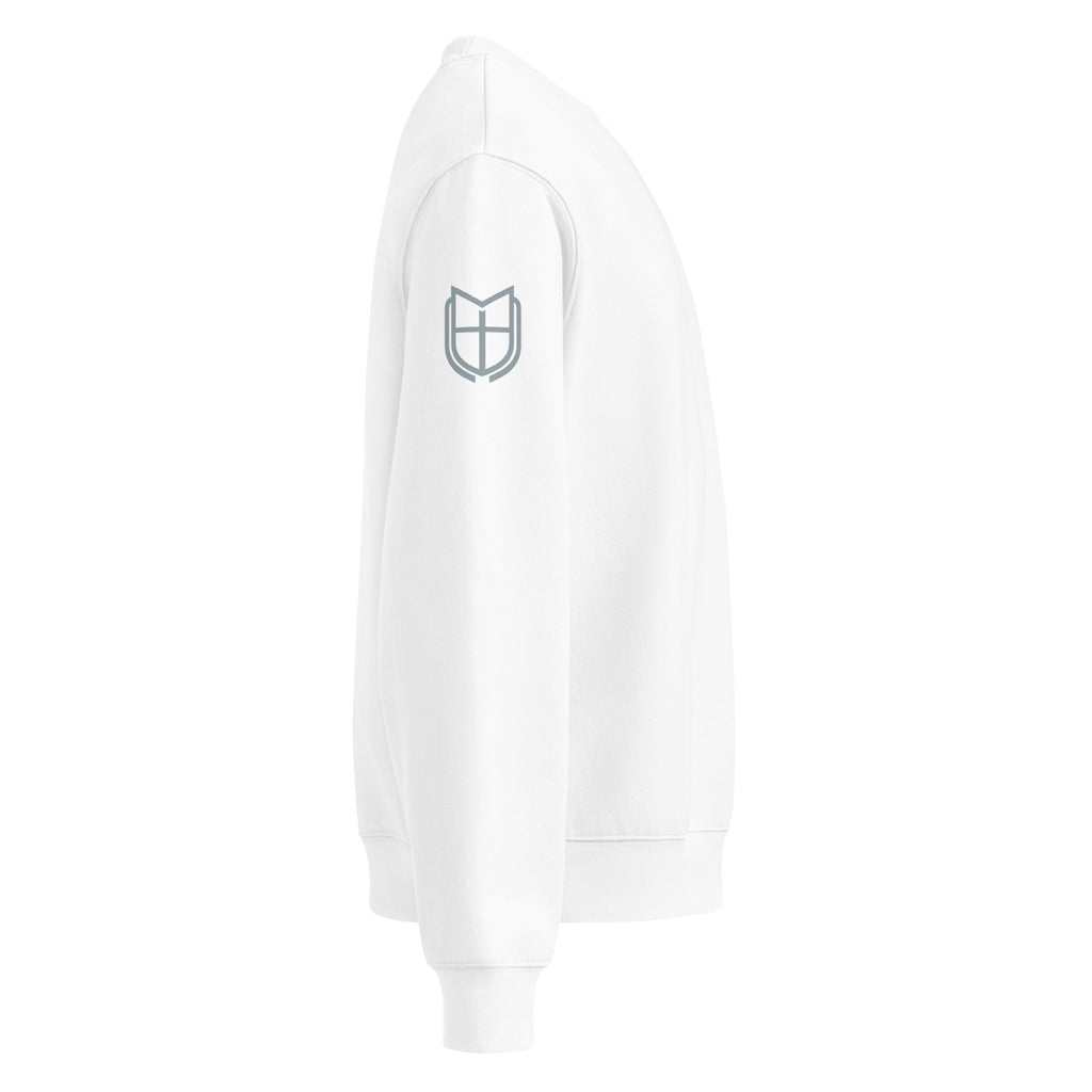 Side view of white Bella+Canvas 4711 oversized sweatshirt emphasizing oversized unisex fit, by MyCreed™