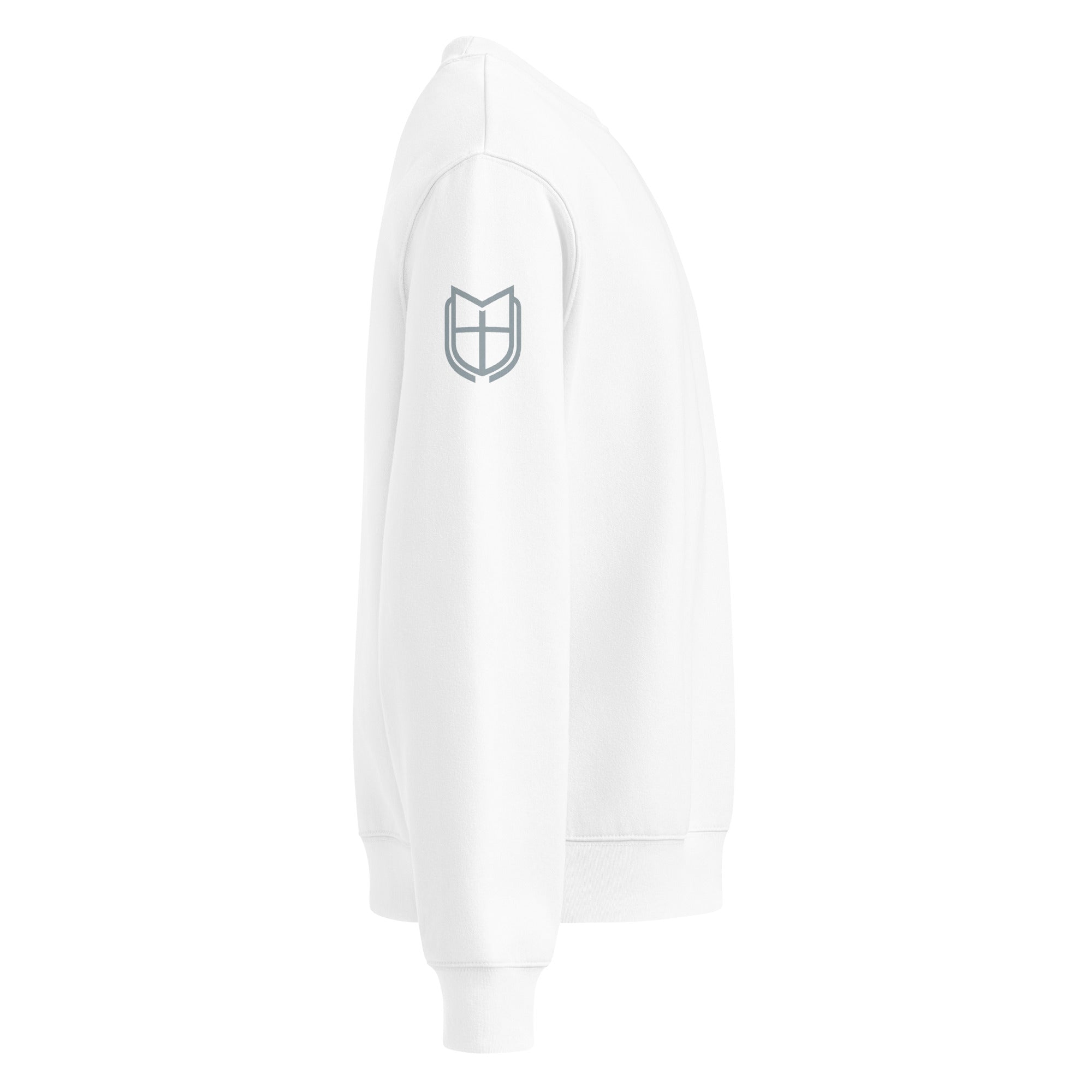 Side view of white Bella+Canvas 4711 oversized sweatshirt emphasizing oversized unisex fit, by MyCreed™