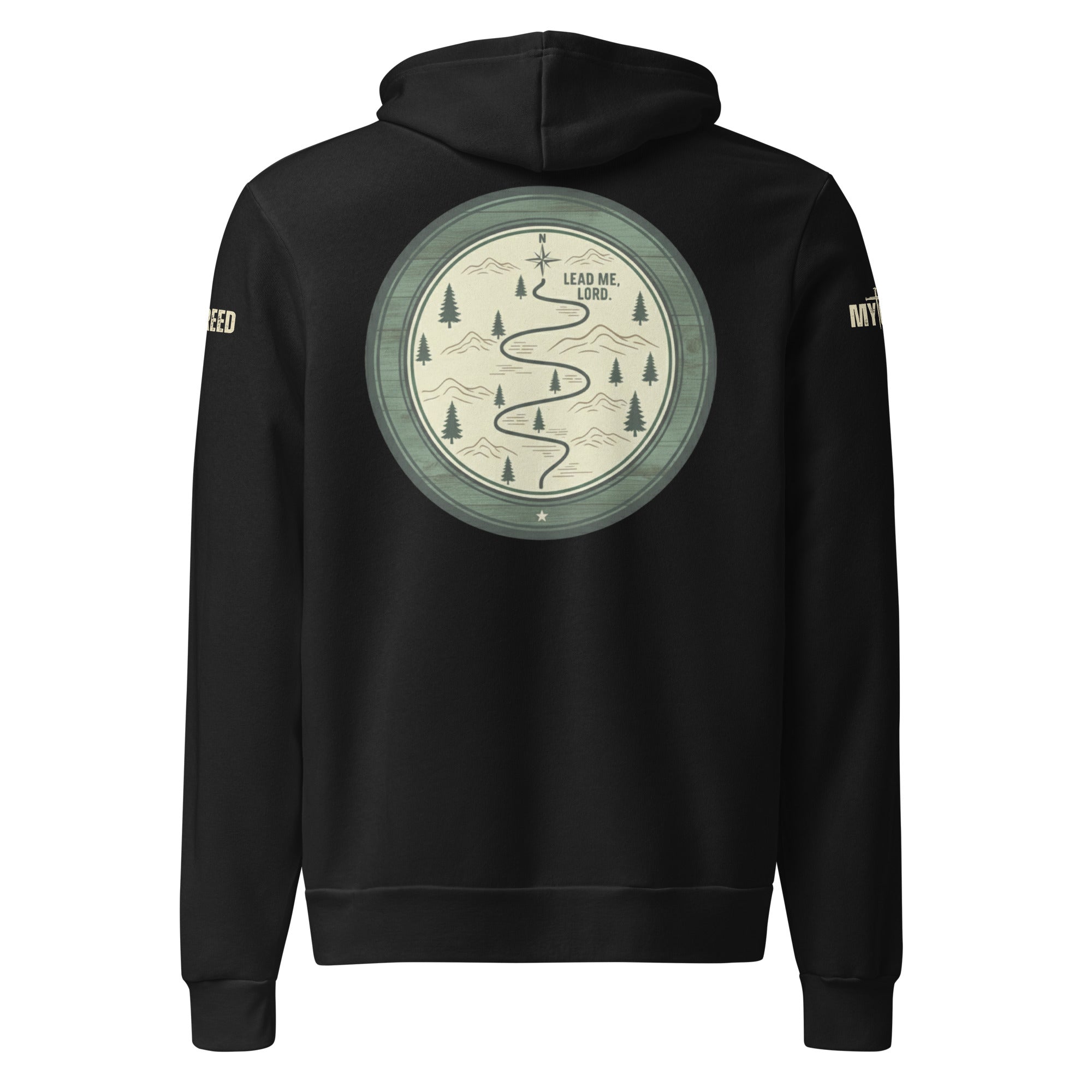 Black unisex hoodie with large Lead Me, Lord journey compass back graphic, by MyCreed™