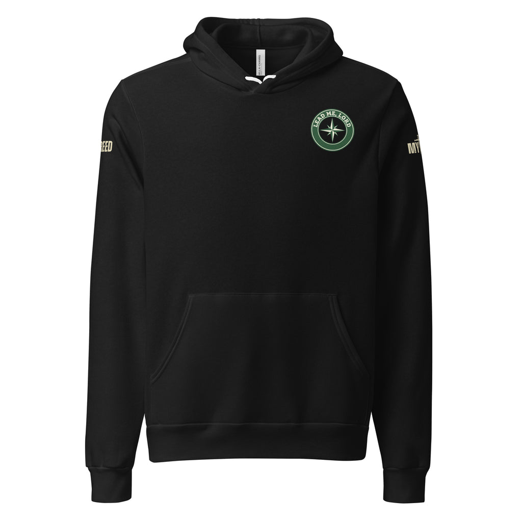 Black unisex hoodie with small Lead Me, Lord compass emblem on front left chest, by MyCreed™