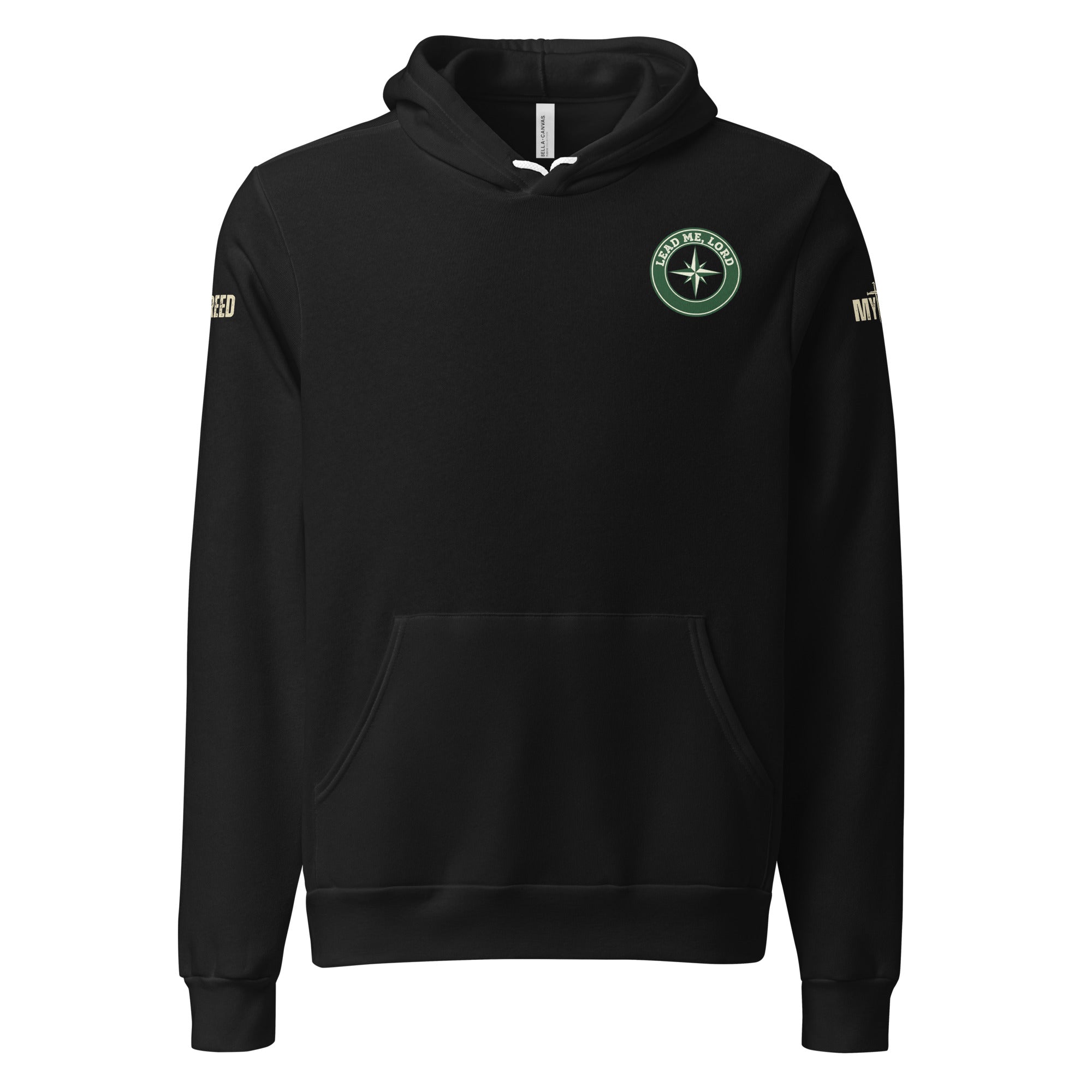 Black unisex hoodie with small Lead Me, Lord compass emblem on front left chest, by MyCreed™