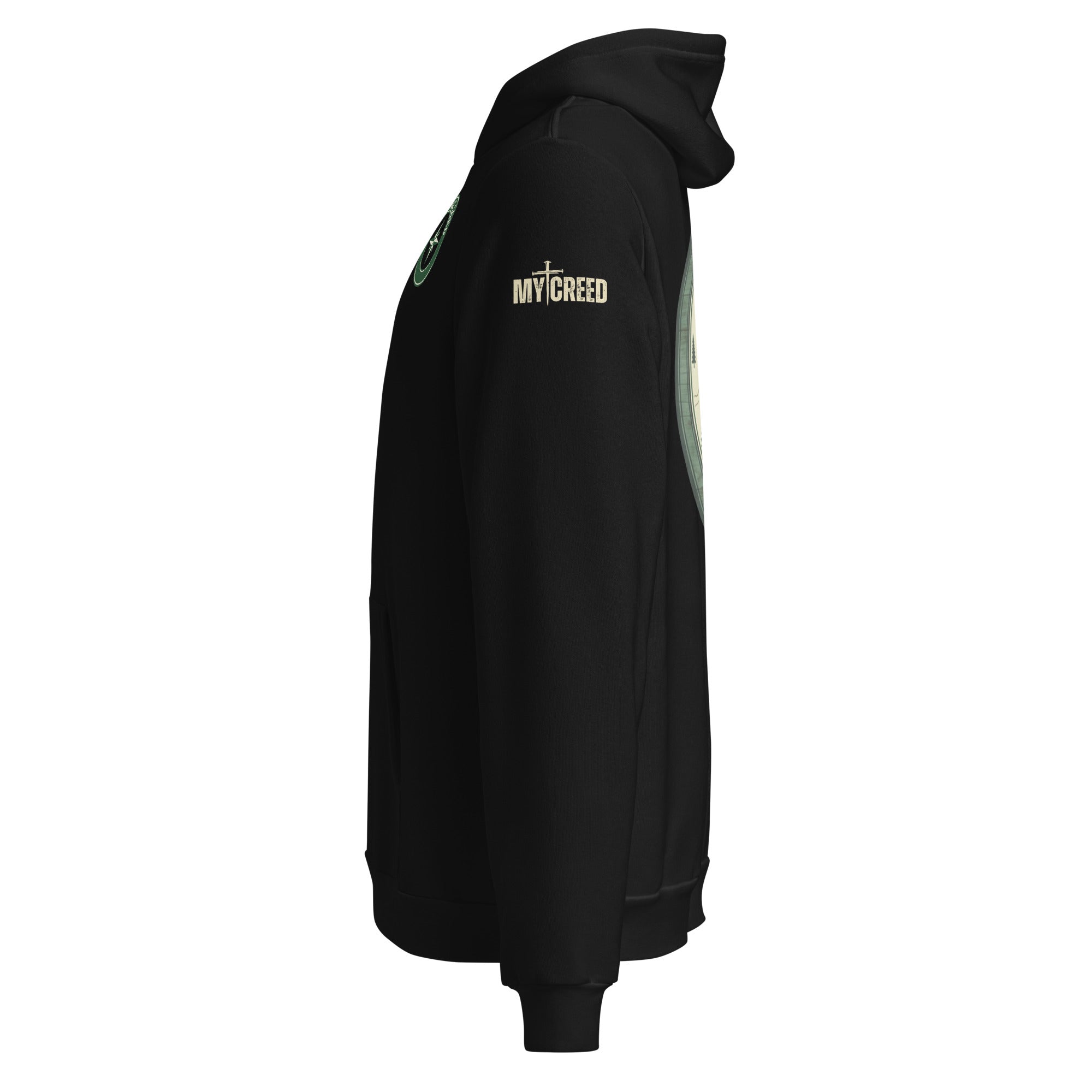 Black unisex hoodie side view showing clean silhouette and hood structure, by MyCreed™