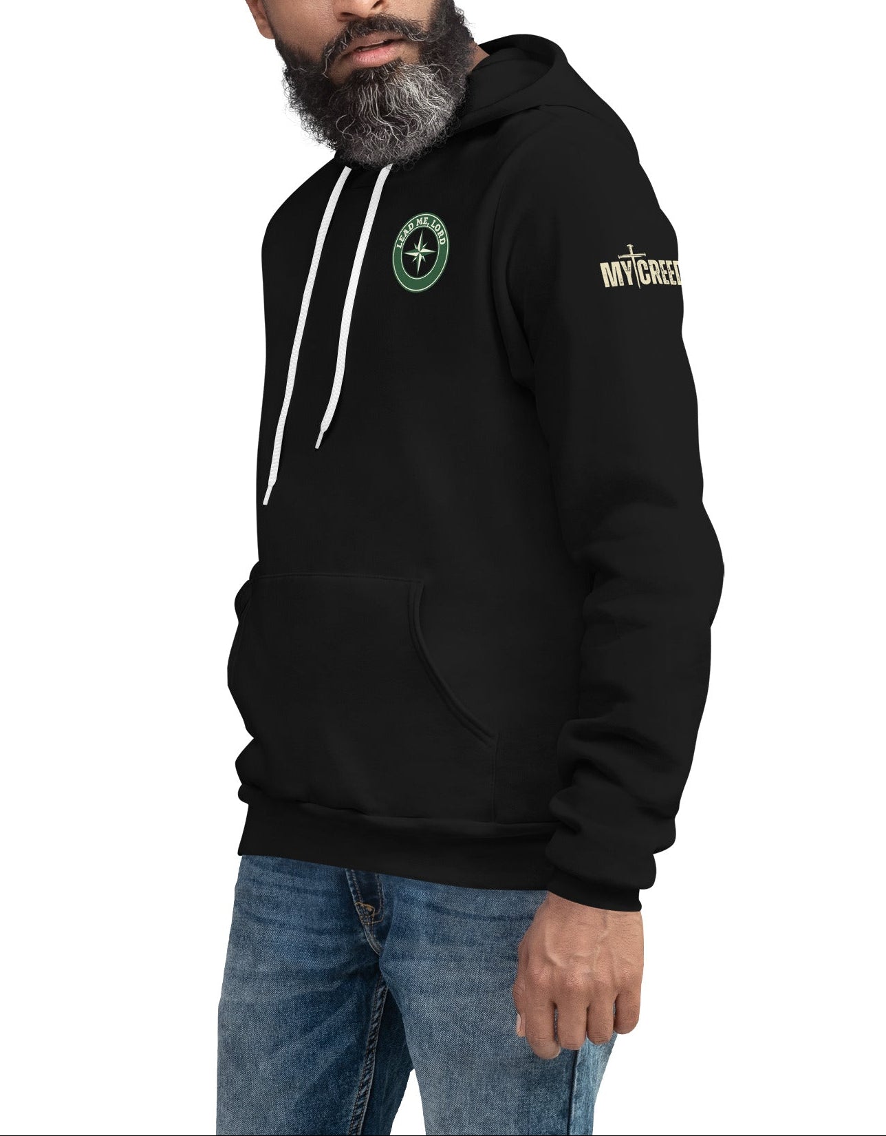 Male model wearing black Lead Me, Lord hoodie with front design visible, by MyCreed™