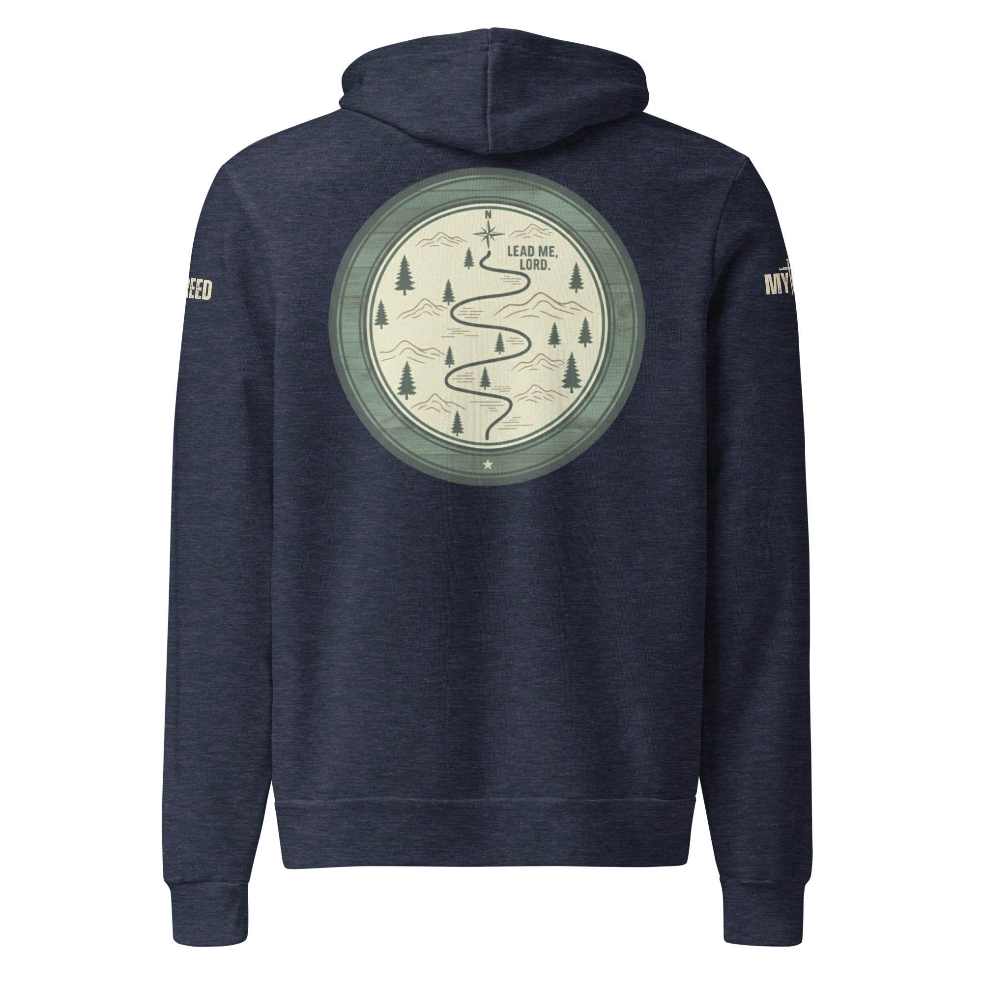 Navy unisex hoodie back view with large Lead Me, Lord journey compass back graphic, by MyCreed™