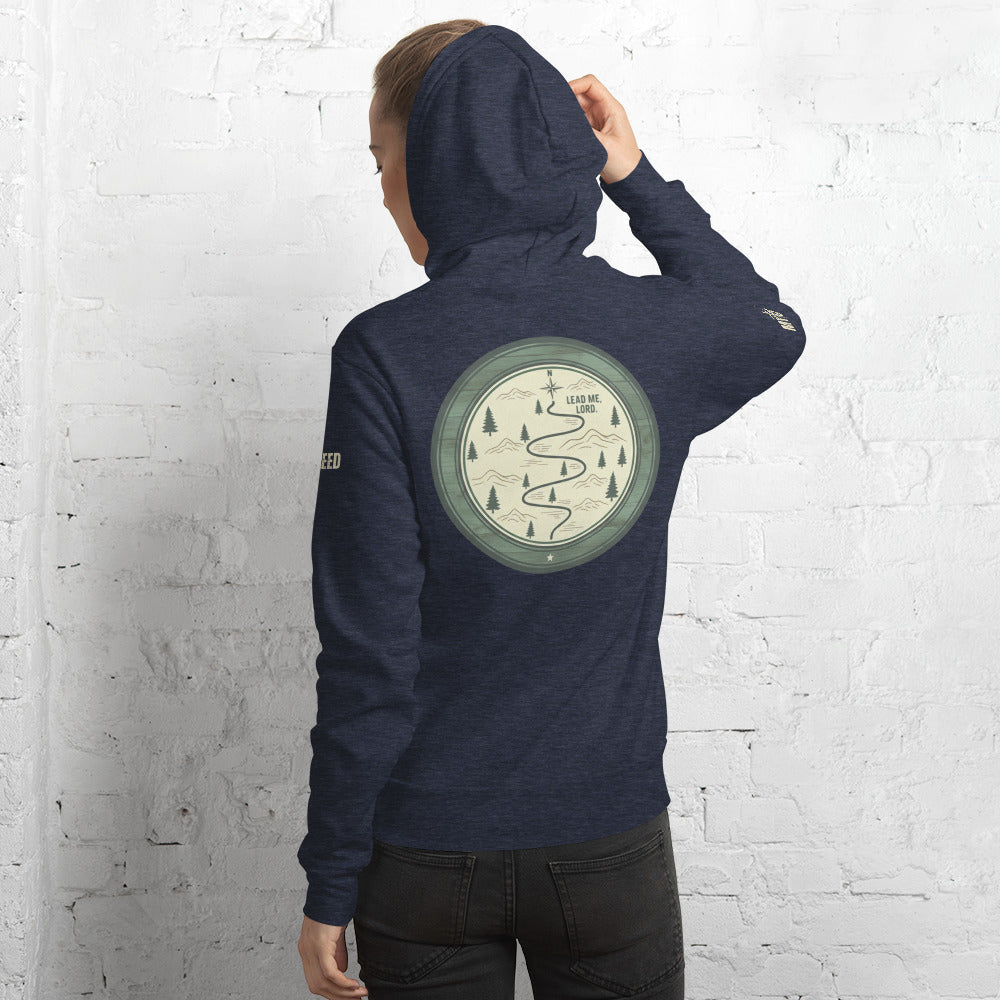 Female model wearing navy Lead Me, Lord hoodie with back design visible, by MyCreed™