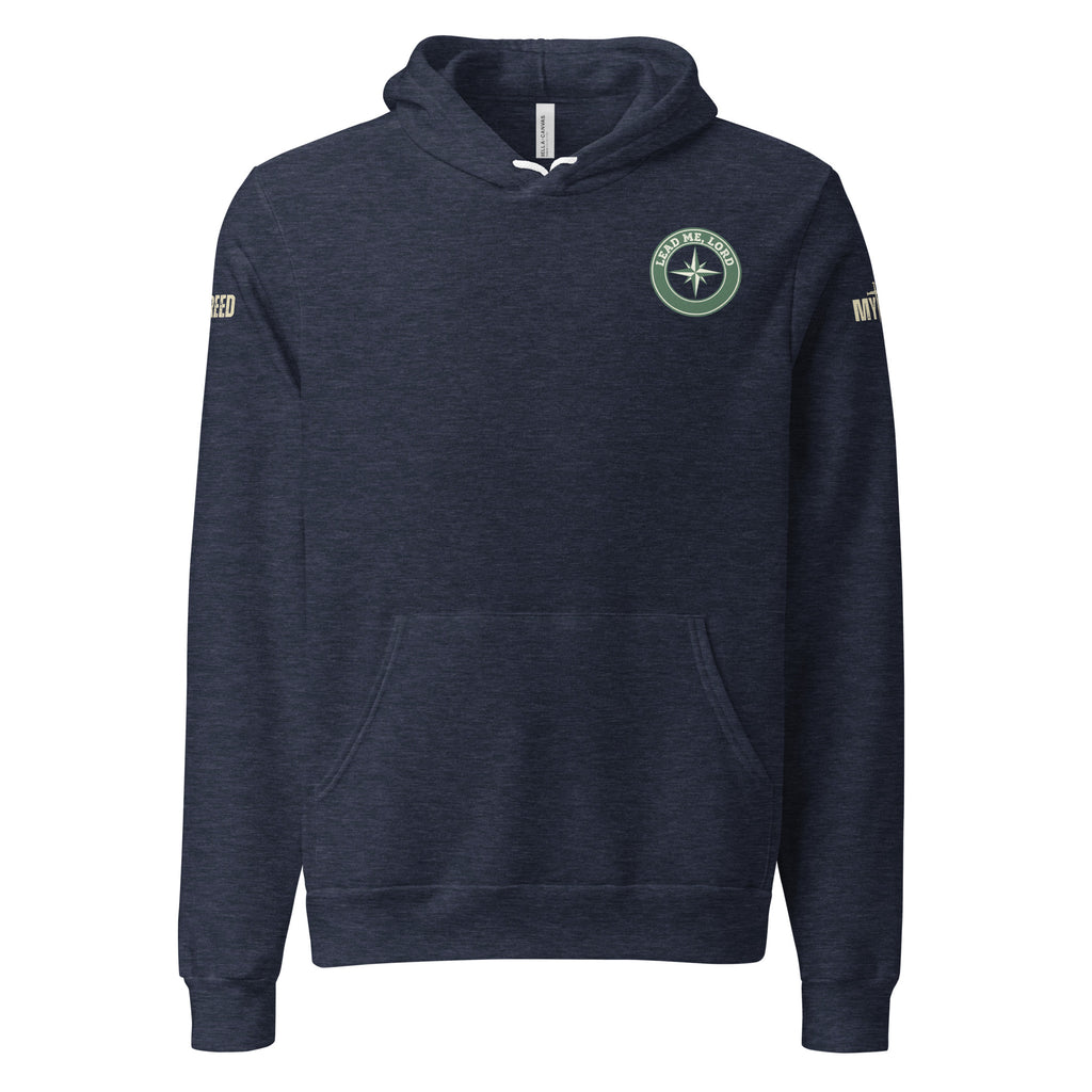 Navy unisex hoodie with small Lead Me, Lord compass emblem on front left chest, by MyCreed™