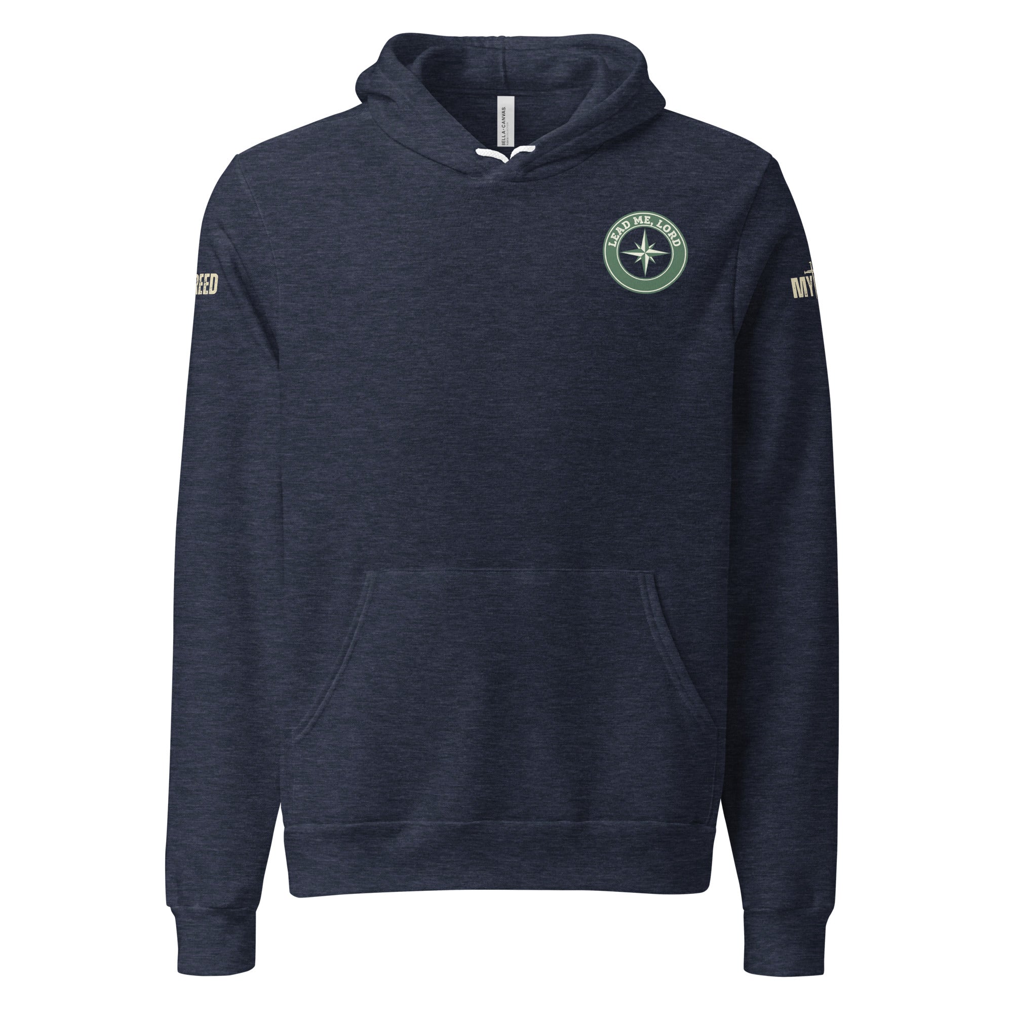 Navy unisex hoodie with small Lead Me, Lord compass emblem on front left chest, by MyCreed™