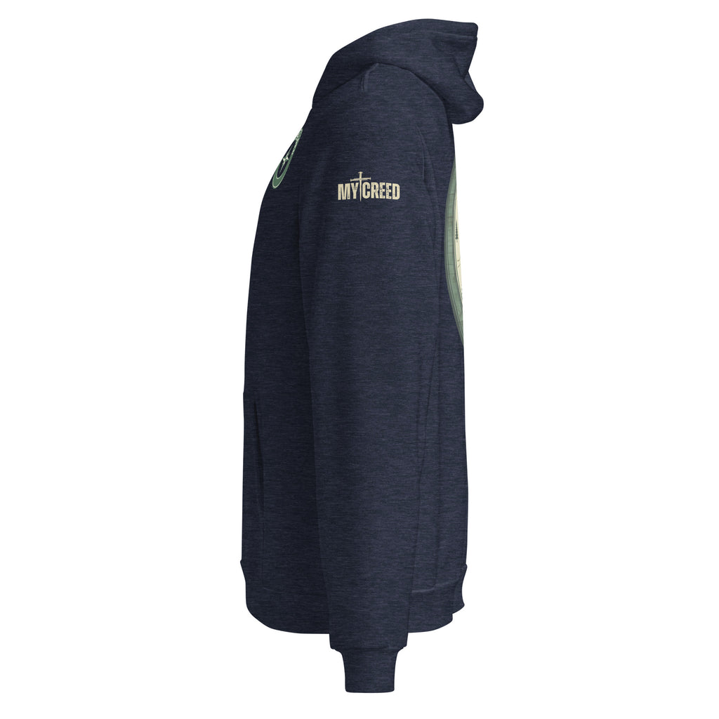 Navy unisex hoodie side profile showing relaxed fit and sleeve detailing, by MyCreed™