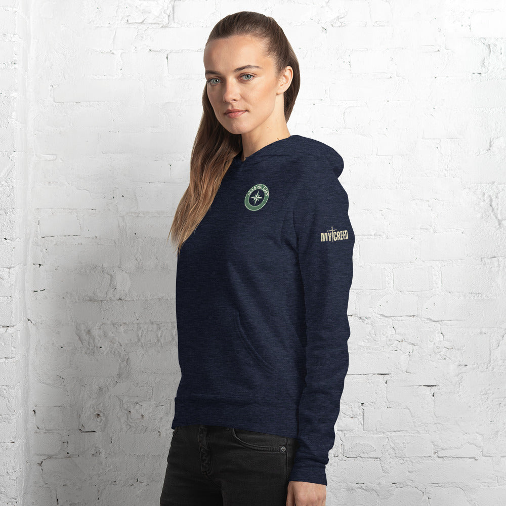 Female model wearing navy Lead Me, Lord hoodie with front design visible, by MyCreed™