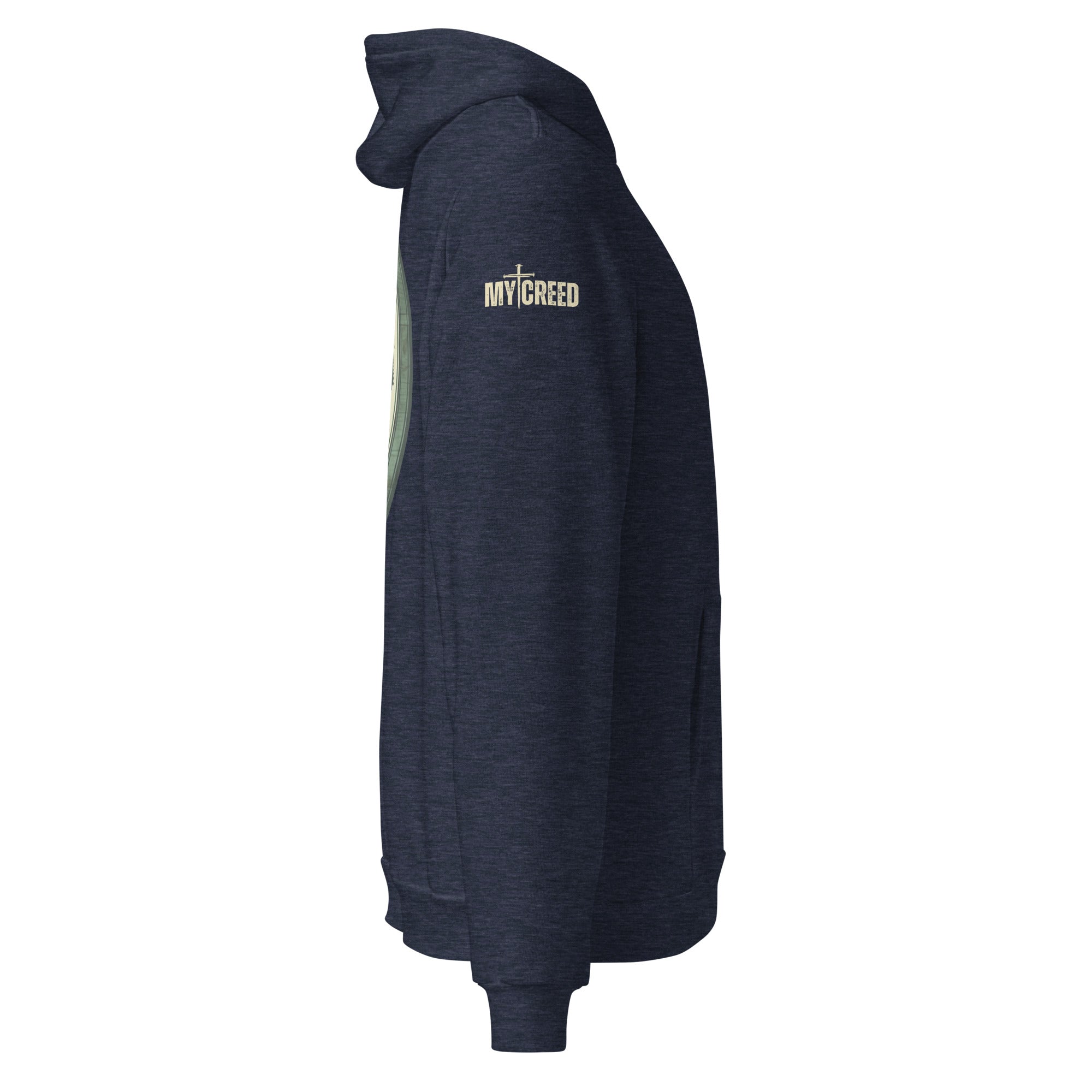 Navy unisex hoodie side profile showing relaxed fit and sleeve detailing, by MyCreed™