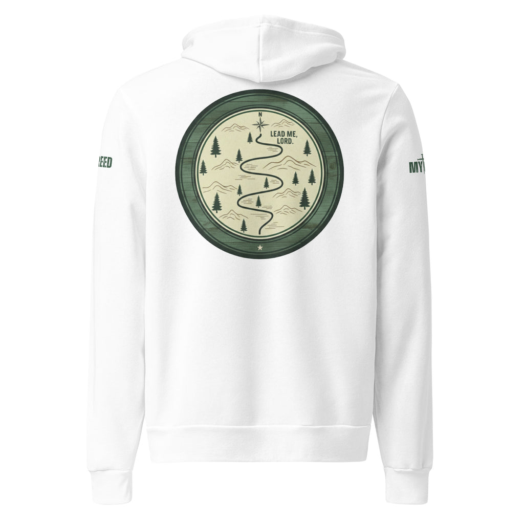 White unisex hoodie with large circular Lead Me, Lord path and compass back graphic, front view, by MyCreed™