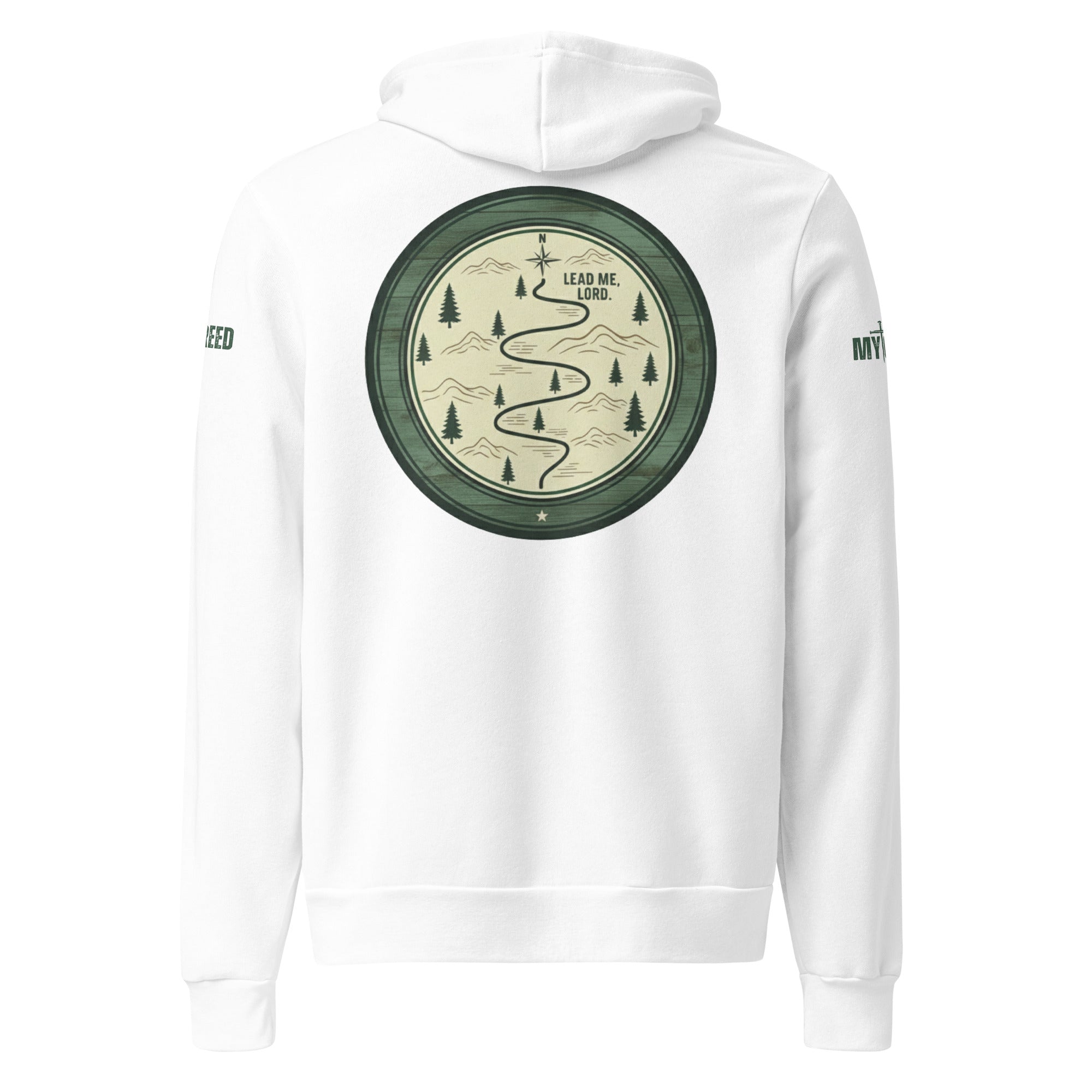 White unisex hoodie with large circular Lead Me, Lord path and compass back graphic, front view, by MyCreed™