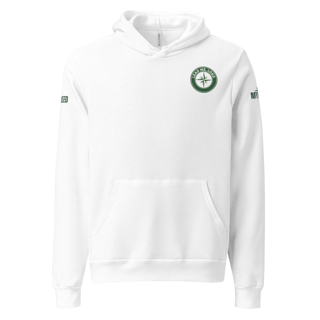 White unisex hoodie with small Lead Me, Lord compass emblem on front left chest, by MyCreed™