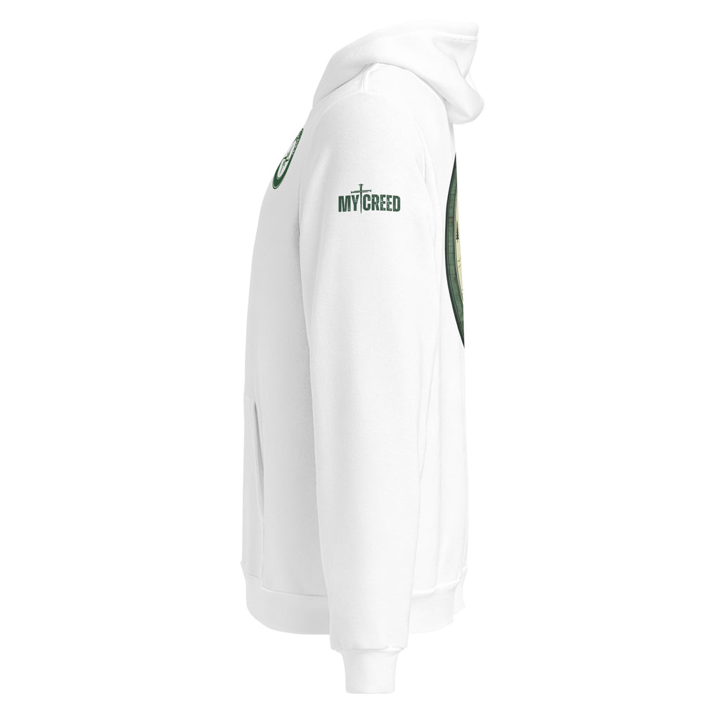 White unisex hoodie side profile showing relaxed fit and sleeve detailing, by MyCreed™