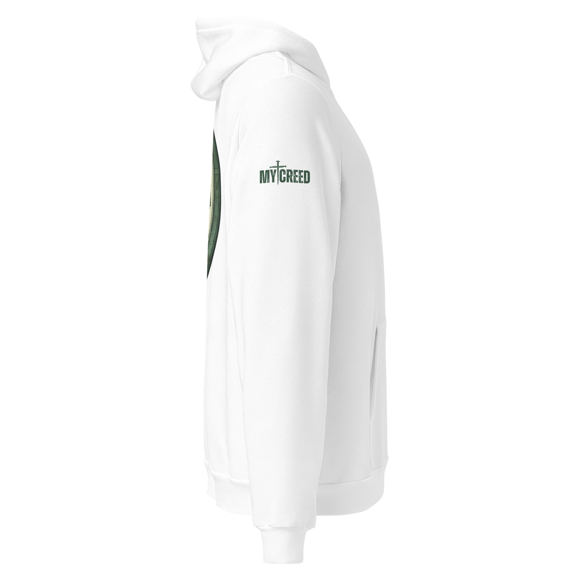 White unisex hoodie side profile showing relaxed fit and sleeve detailing, by MyCreed™