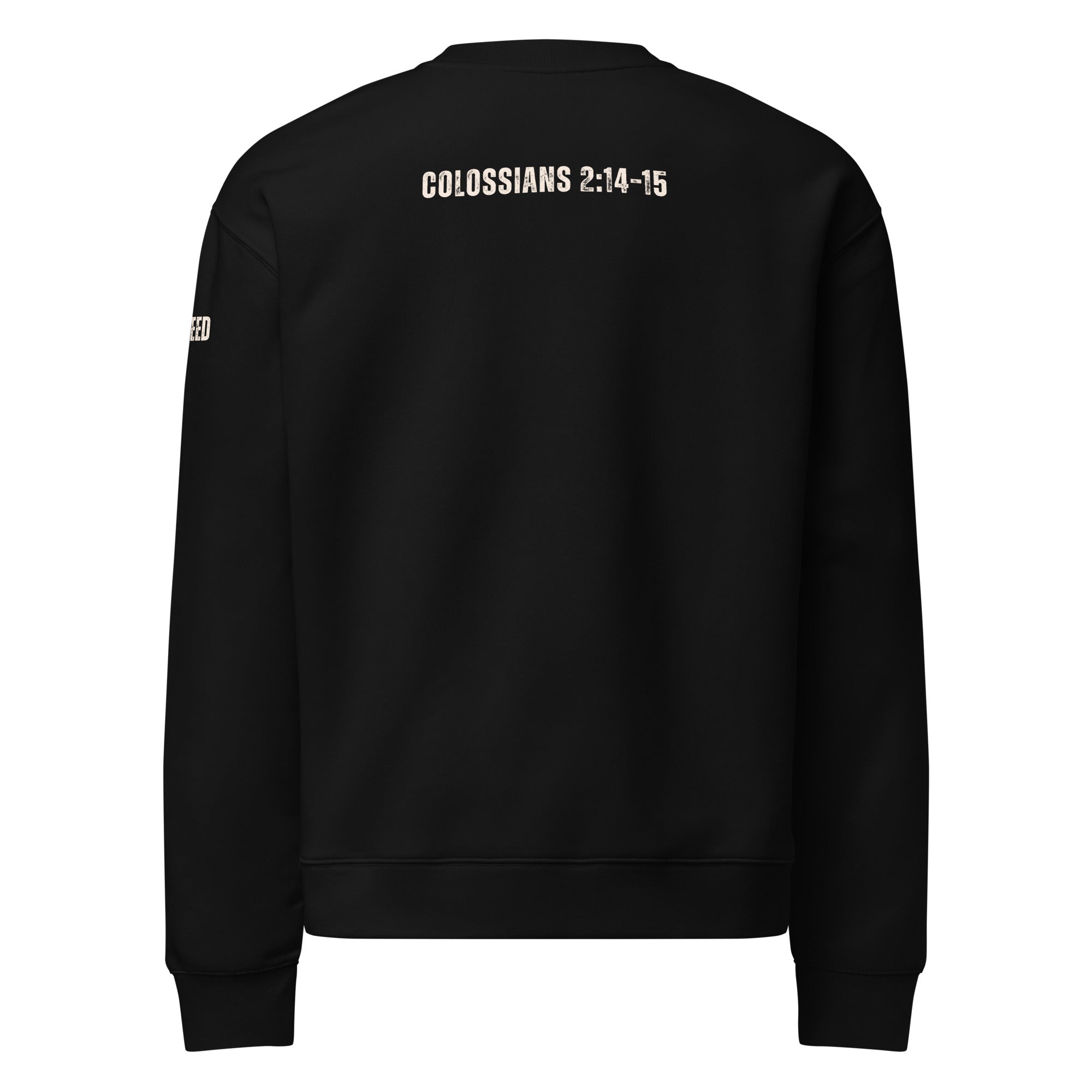Black Only Undefeated King Christian crewneck sweatshirt shown from back with minimal branding by MyCreed™