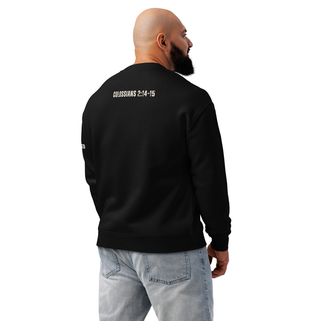 Rear view of black Only Undefeated King sweatshirt worn by male model, relaxed fit by MyCreed™