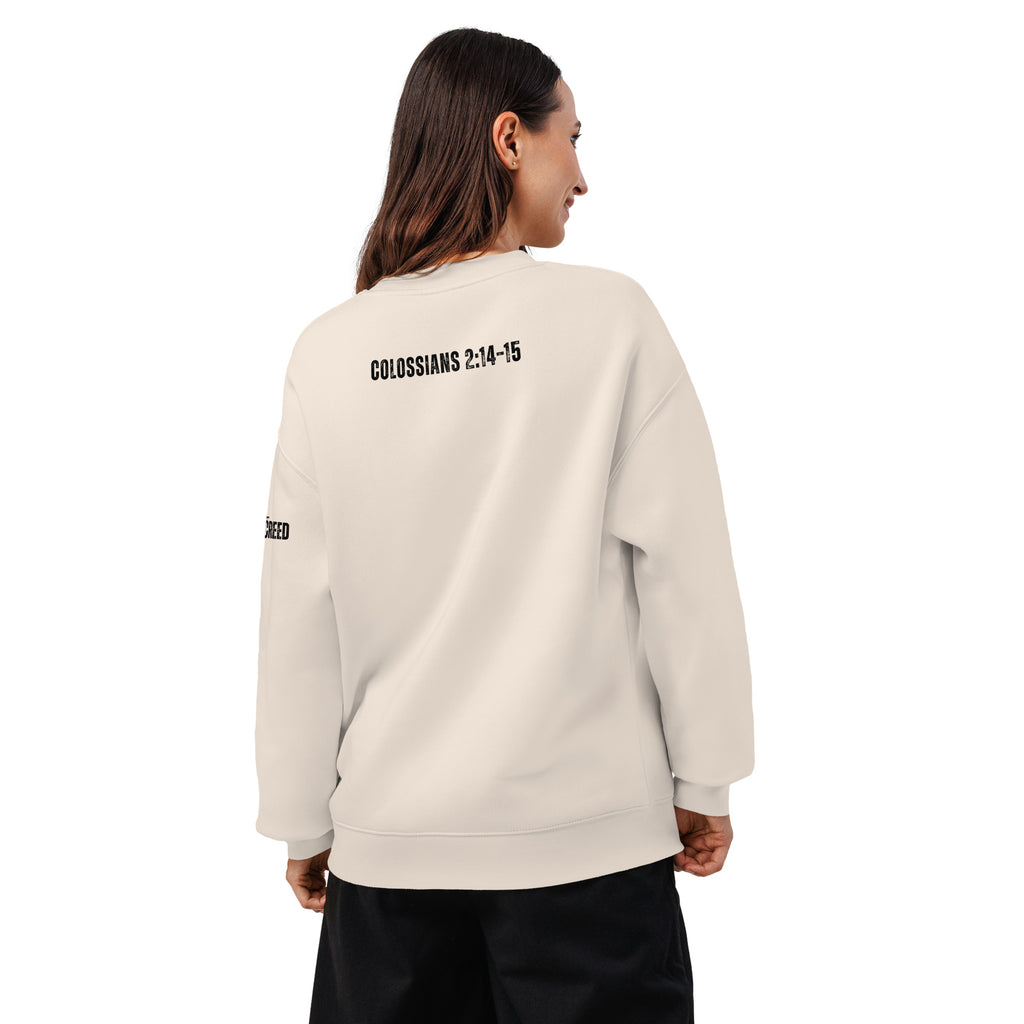 Rear view of bone white Only Undefeated King sweatshirt worn by female model, relaxed fit by MyCreed™