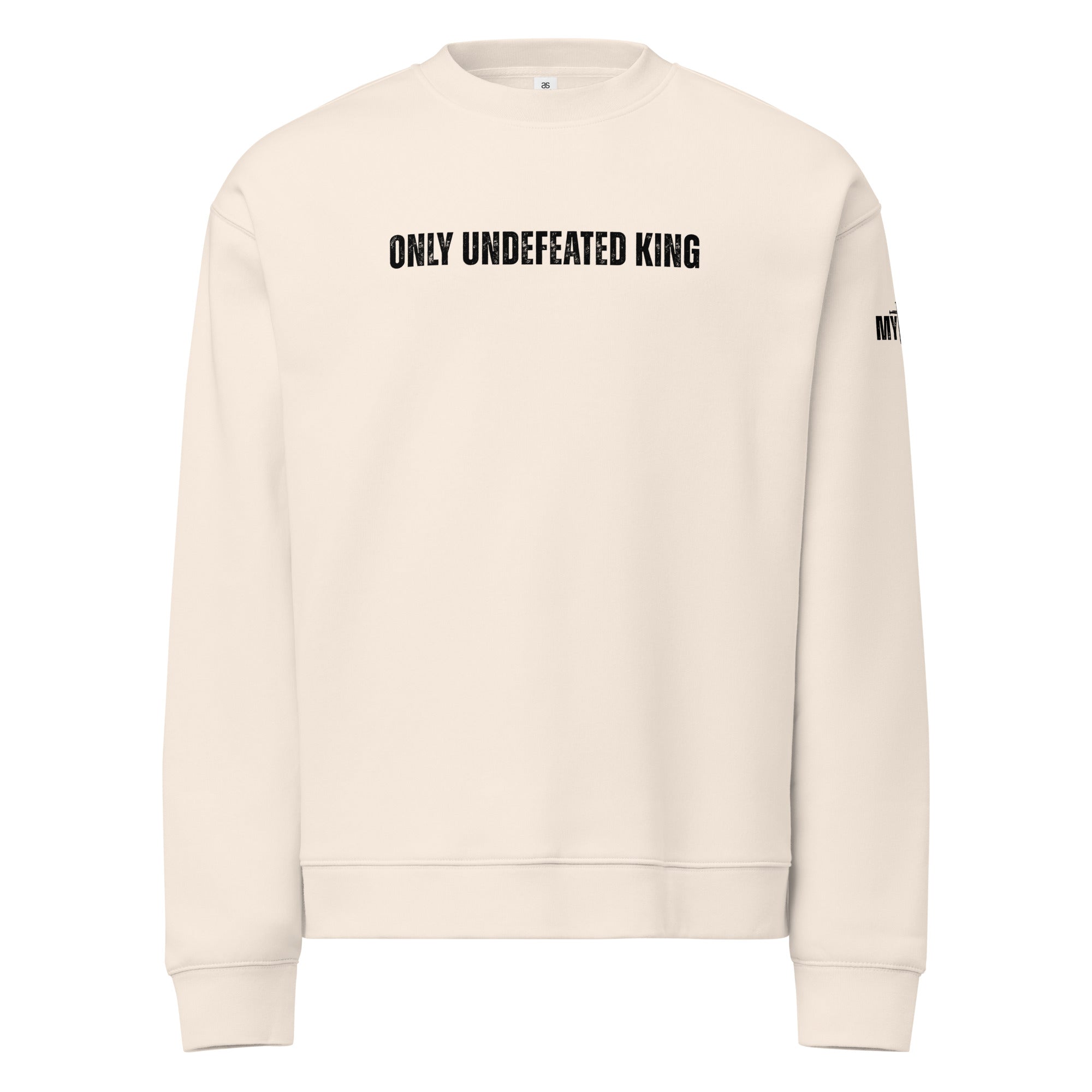 Cream Christian crewneck sweatshirt with Only Undefeated King text shown flat, front view by MyCreed™
