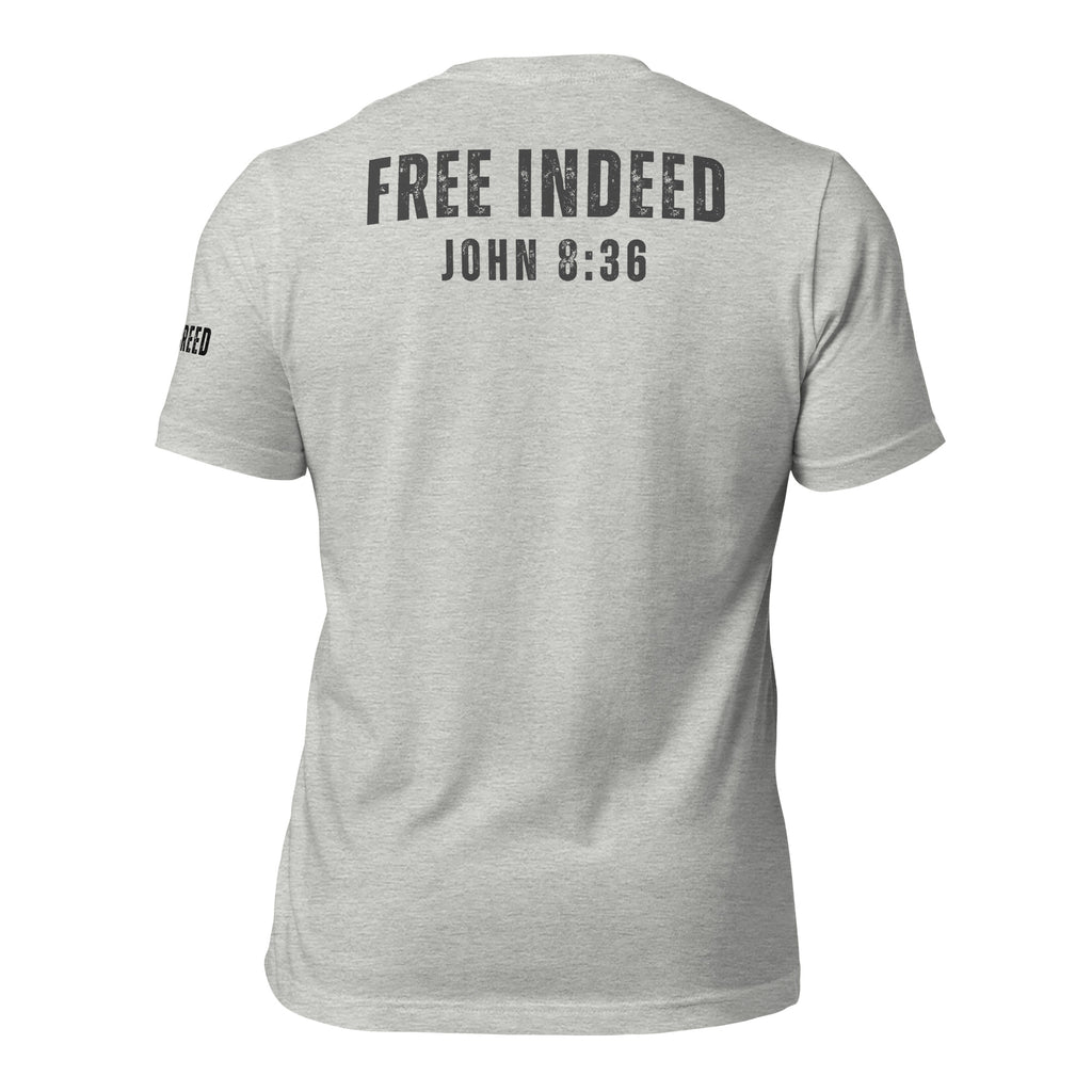 Athletic Heather t-shirt with “FREE INDEED” John 8:36 scripture on the back, faith-based apparel by MyCreed™