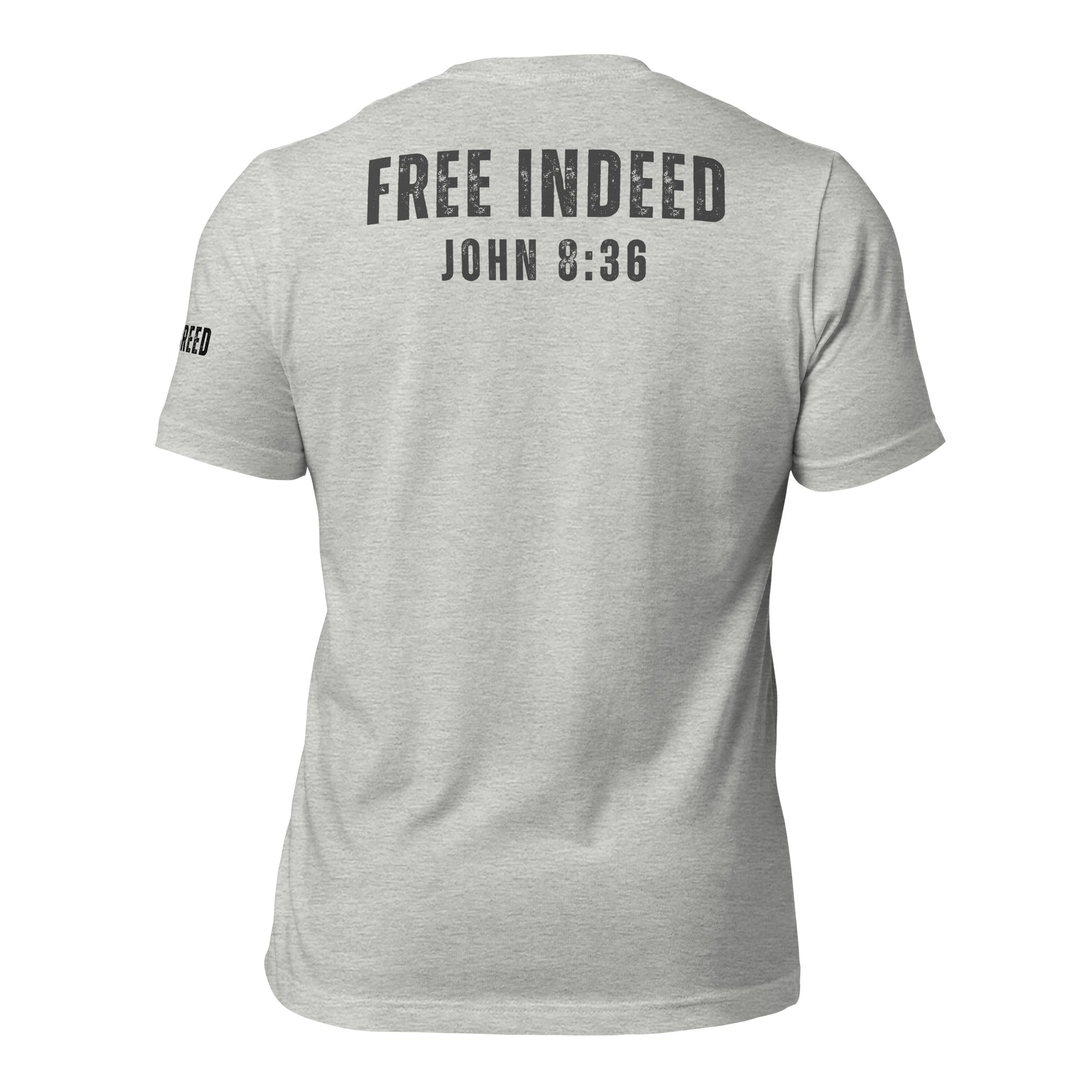 Athletic Heather t-shirt with “FREE INDEED” John 8:36 scripture on the back, faith-based apparel by MyCreed™