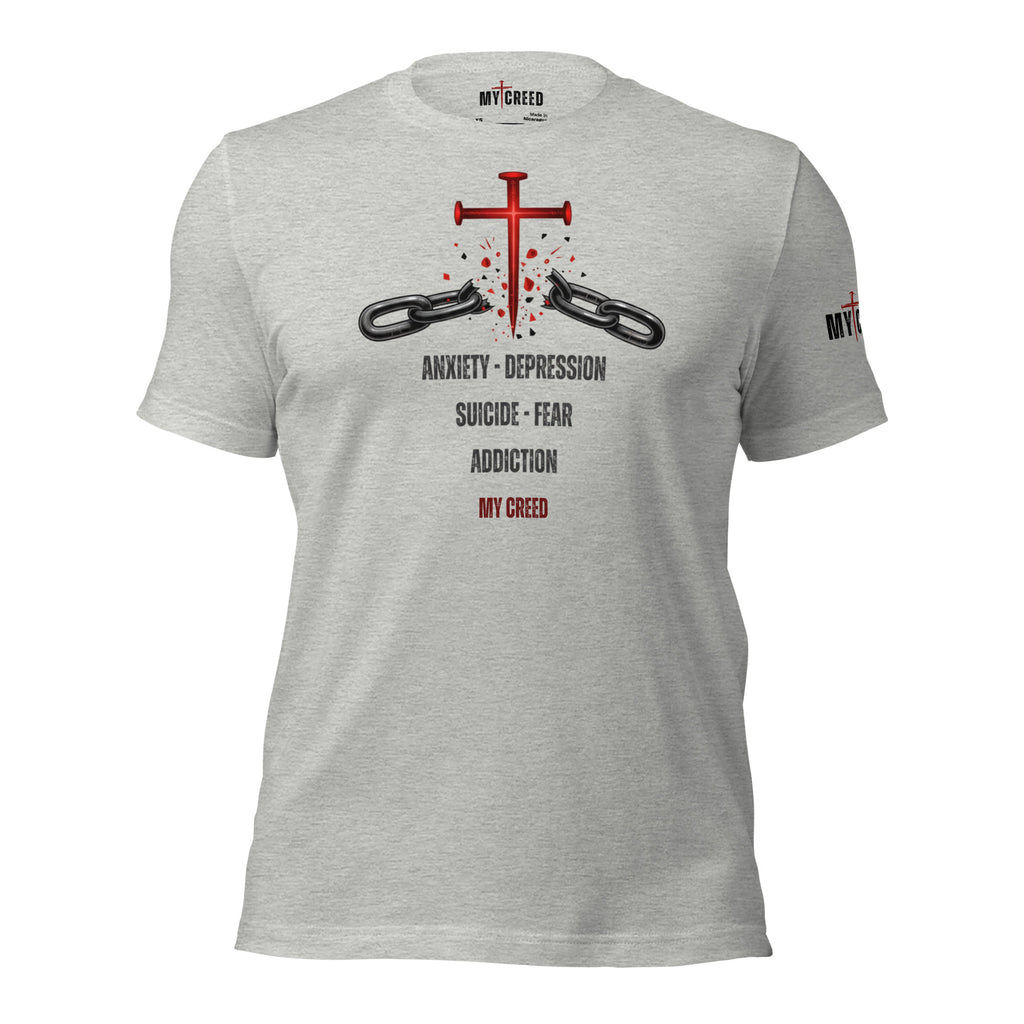 Athletic Heather ChainBreaker t-shirt with red cross breaking chains and John 8:36 scripture, front view by MyCreed™