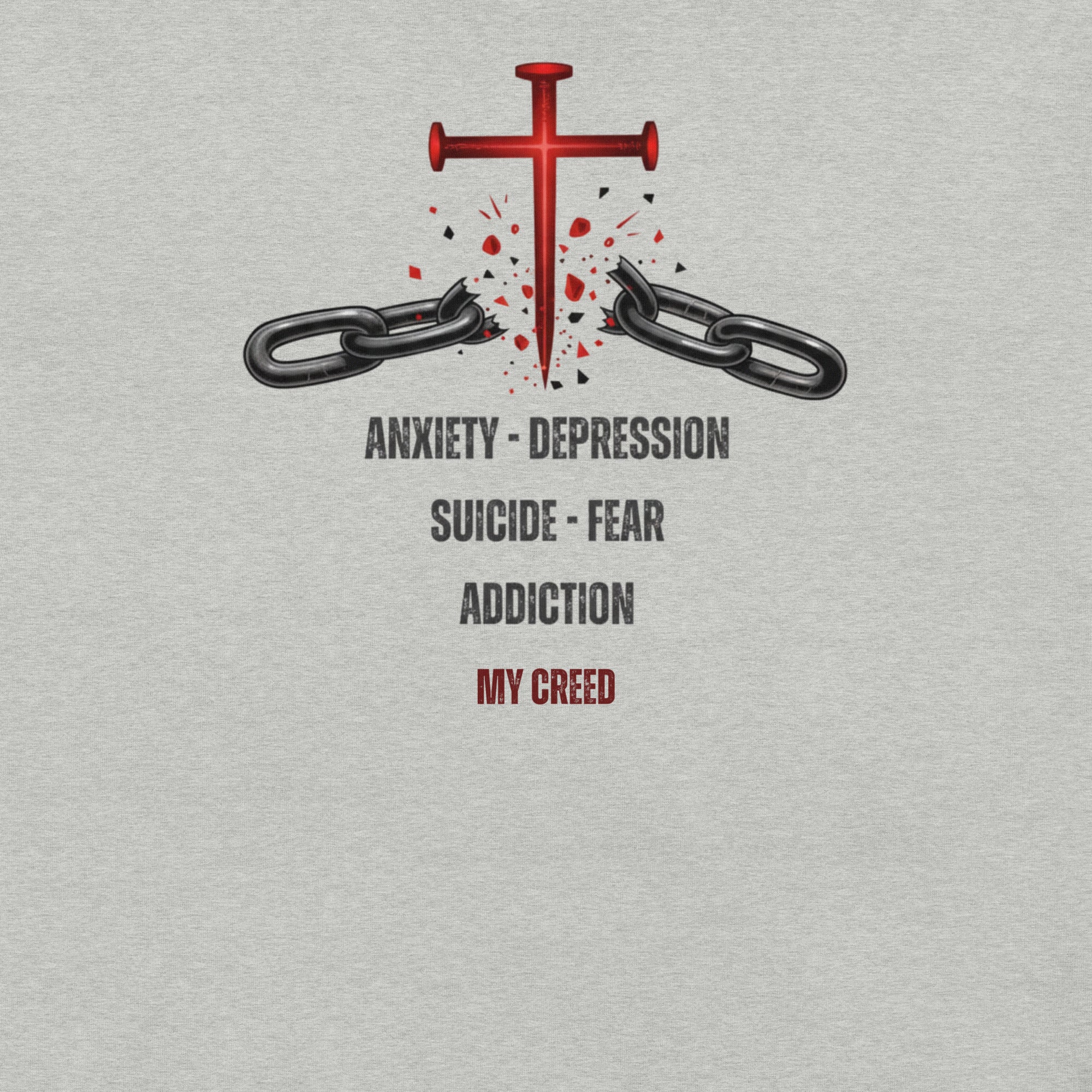 Close-up front view of Athletic Heather ChainBreaker t-shirt with red cross breaking chains and scripture detail by MyCreed™