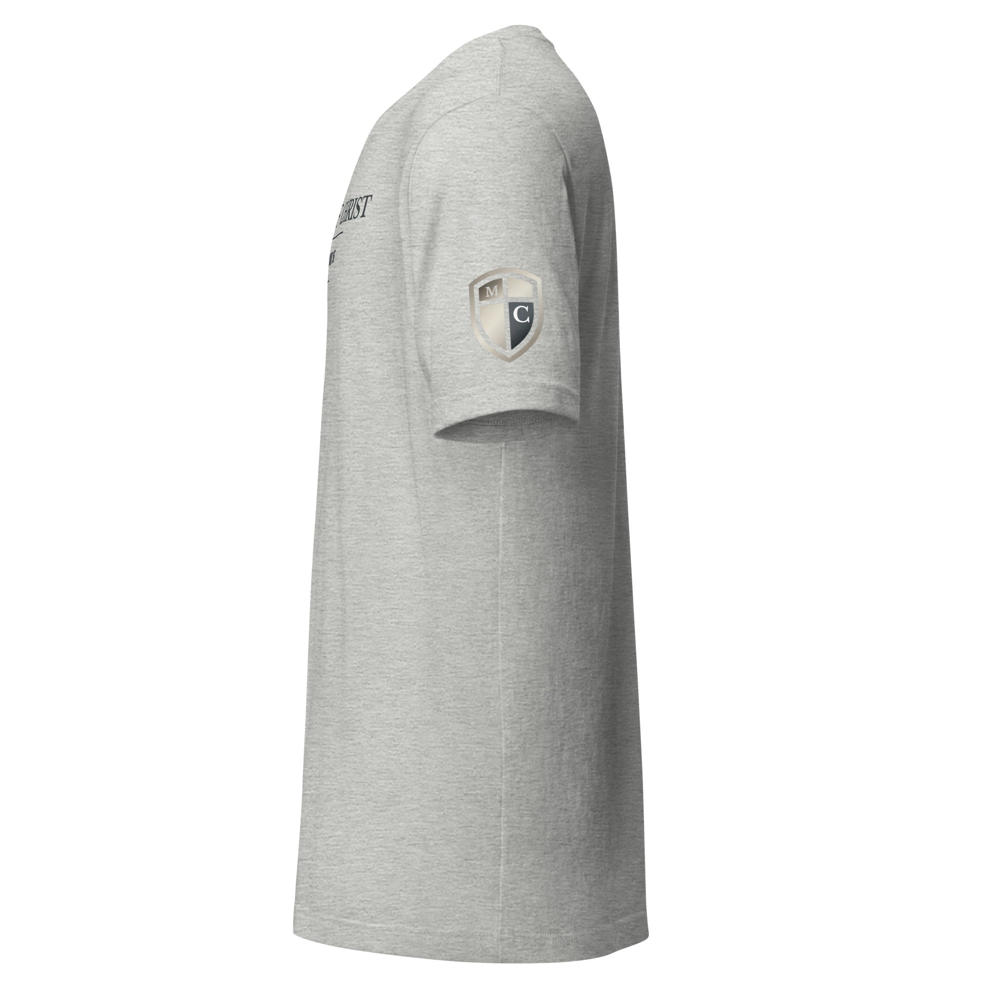 Left side view of Defender of Christ t-shirt showing relaxed unisex fit, smooth sleeve drape, and subtle chest emblem placement, by MyCreed™