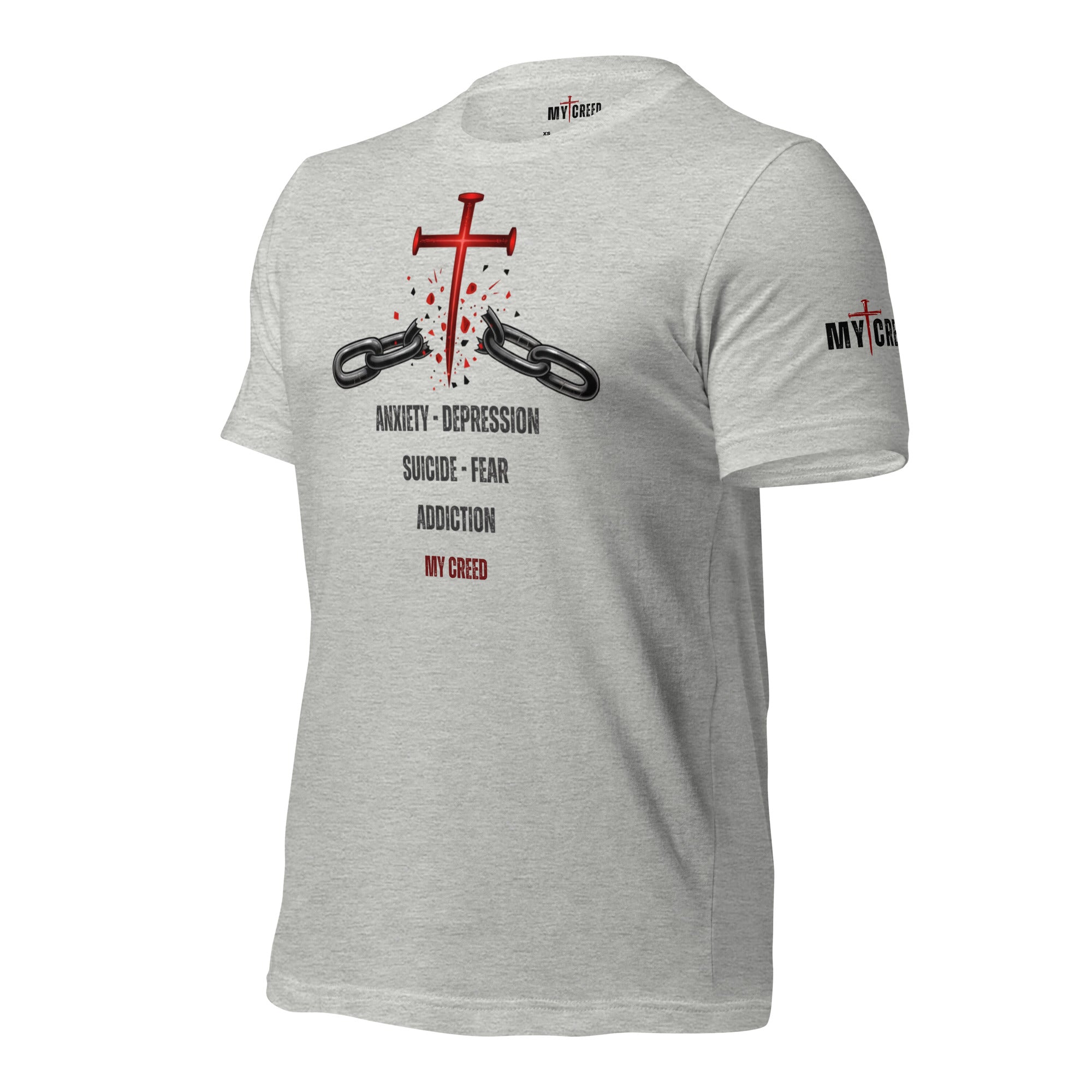 Male model wearing Athletic Heather ChainBreaker t-shirt with cross breaking chains and John 8:36 scripture, front view by MyCreed™