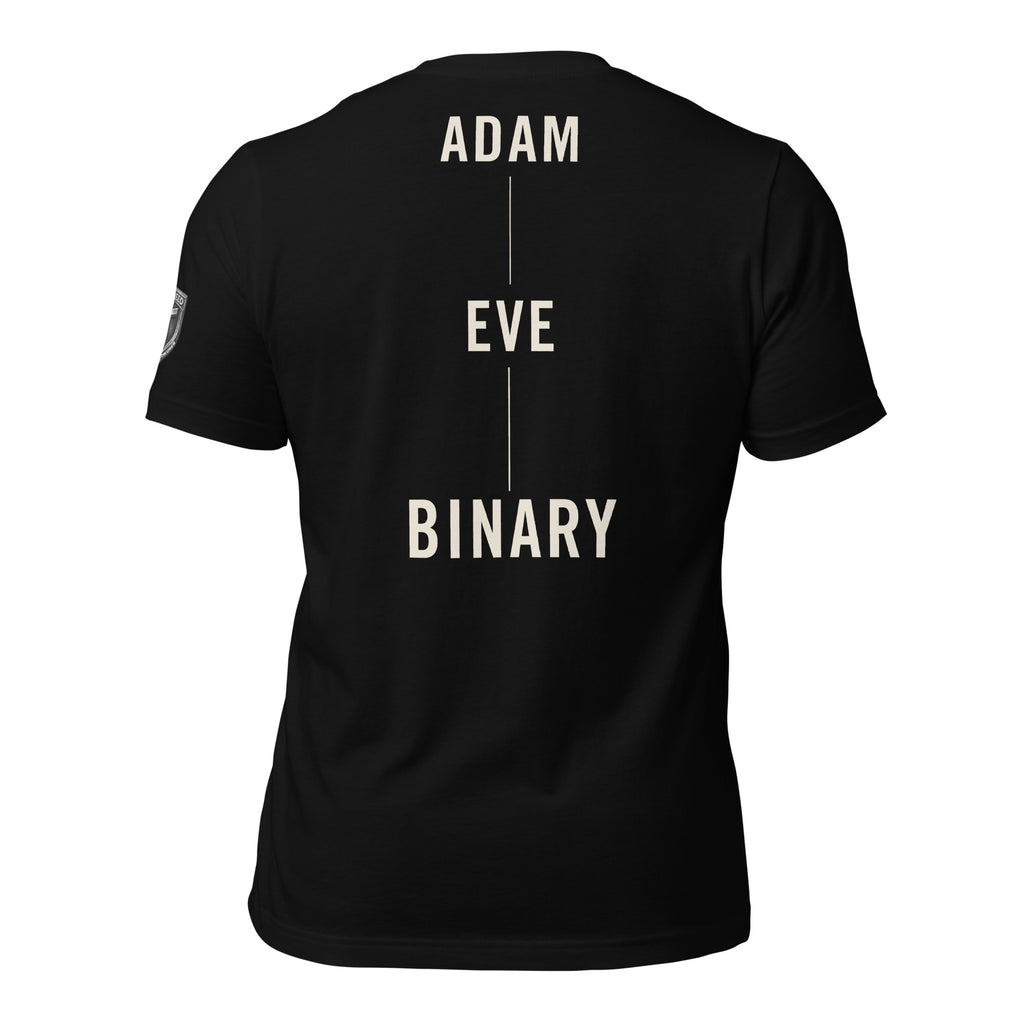 Binary By Creation Tee in black with "Adam Eve Binary" back print by MyCreed™