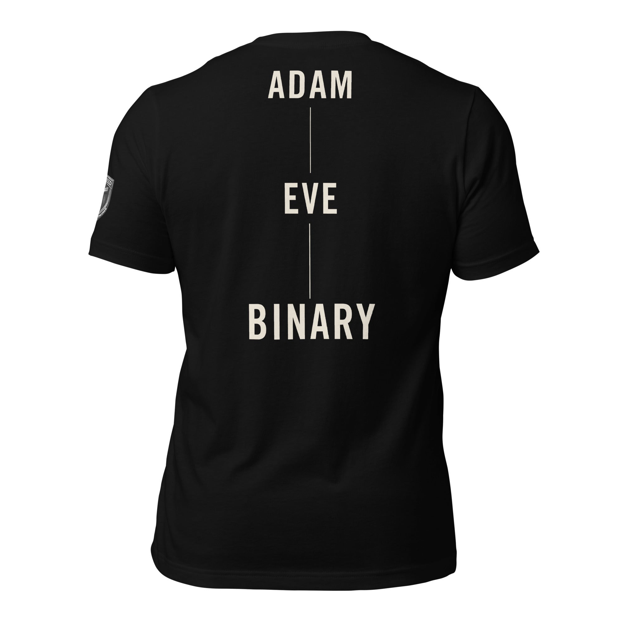 Binary By Creation Tee in black with "Adam Eve Binary" back print by MyCreed™
