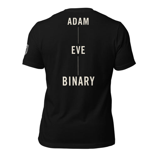 Binary By Creation Tee in black with "Adam Eve Binary" back print by MyCreed™