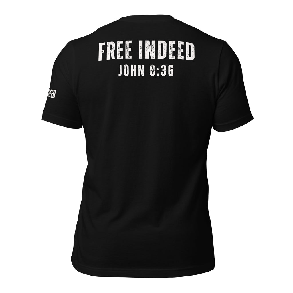 Black t-shirt featuring “FREE INDEED” John 8:36 scripture on the back, minimalist faith design by MyCreed™