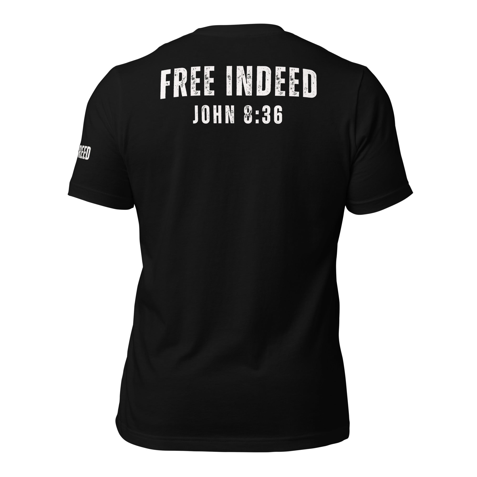 Black t-shirt featuring “FREE INDEED” John 8:36 scripture on the back, minimalist faith design by MyCreed™