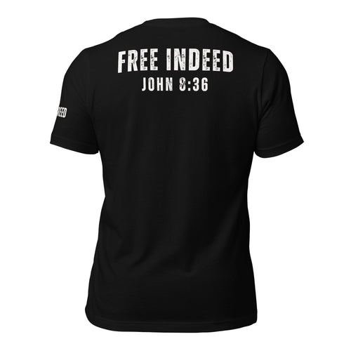 Black t-shirt featuring “FREE INDEED” John 8:36 scripture on the back, minimalist faith design by MyCreed™