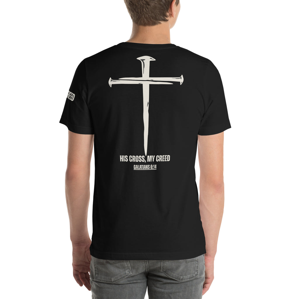 Back view of black t-shirt displaying large nail cross design and scripture placement, by MyCreed™